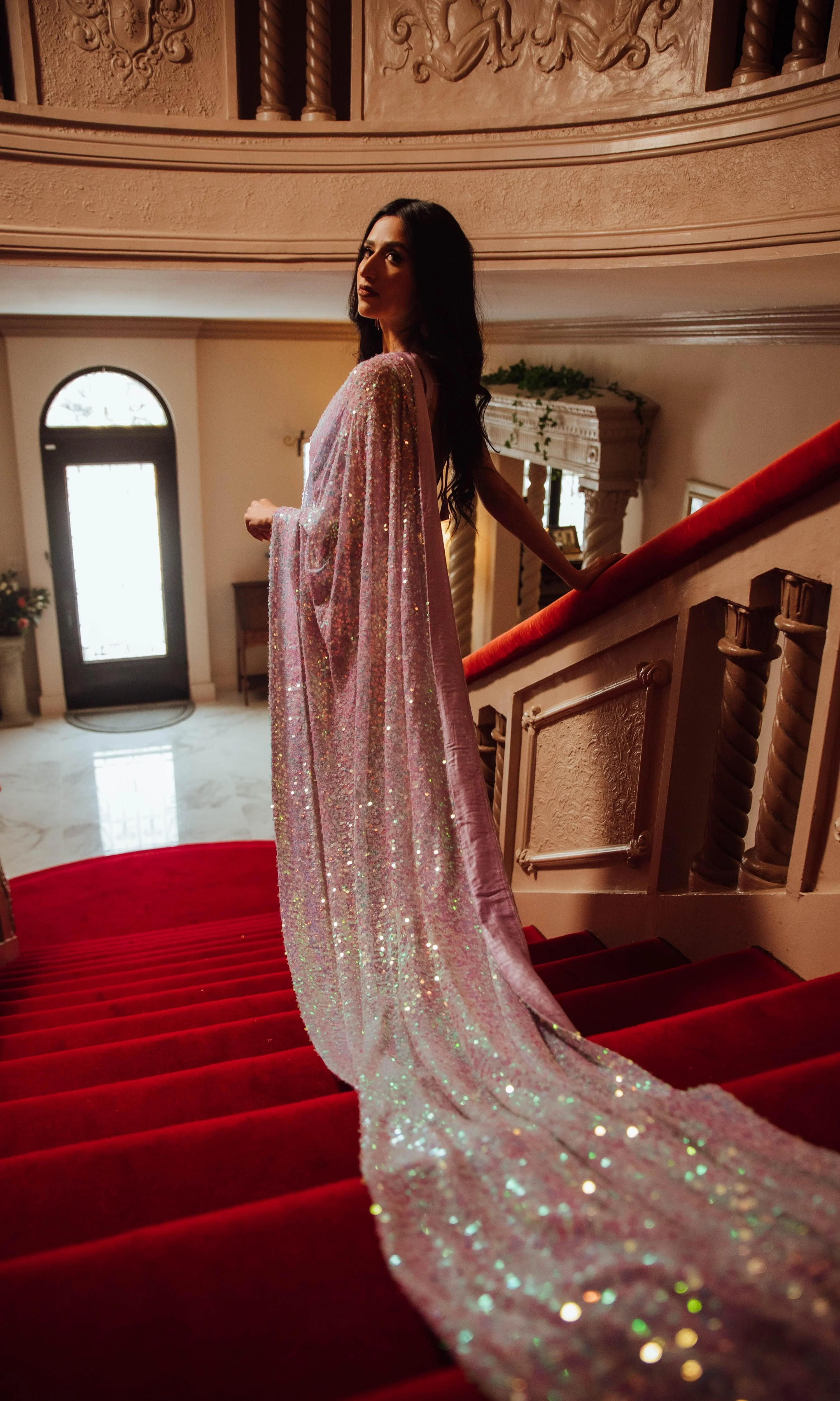 Purple All-Over Sequin Pre-Pleated Saree - Image 3