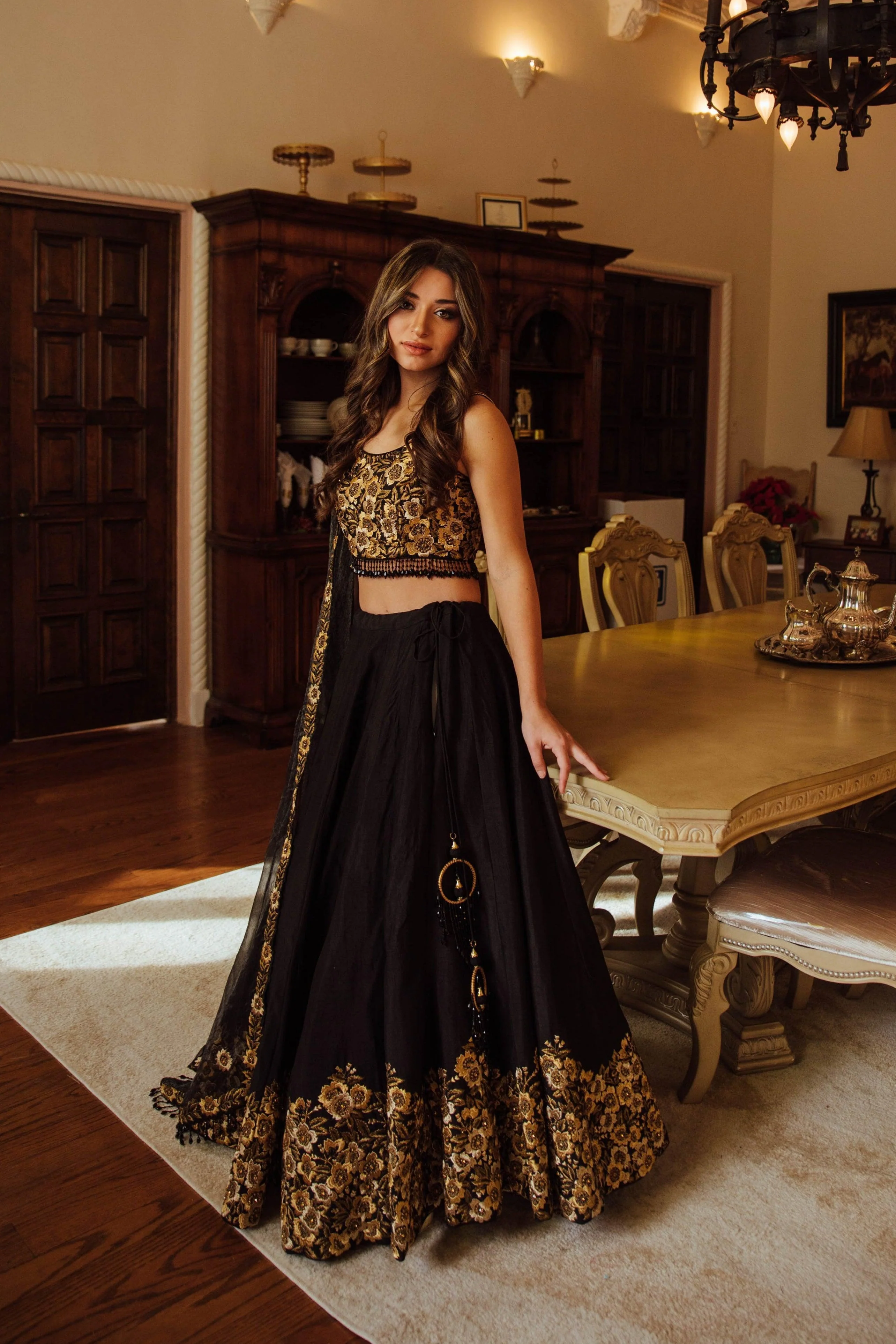 Black Floral Hand Embroidered Lehenga Choli Set - Image 4