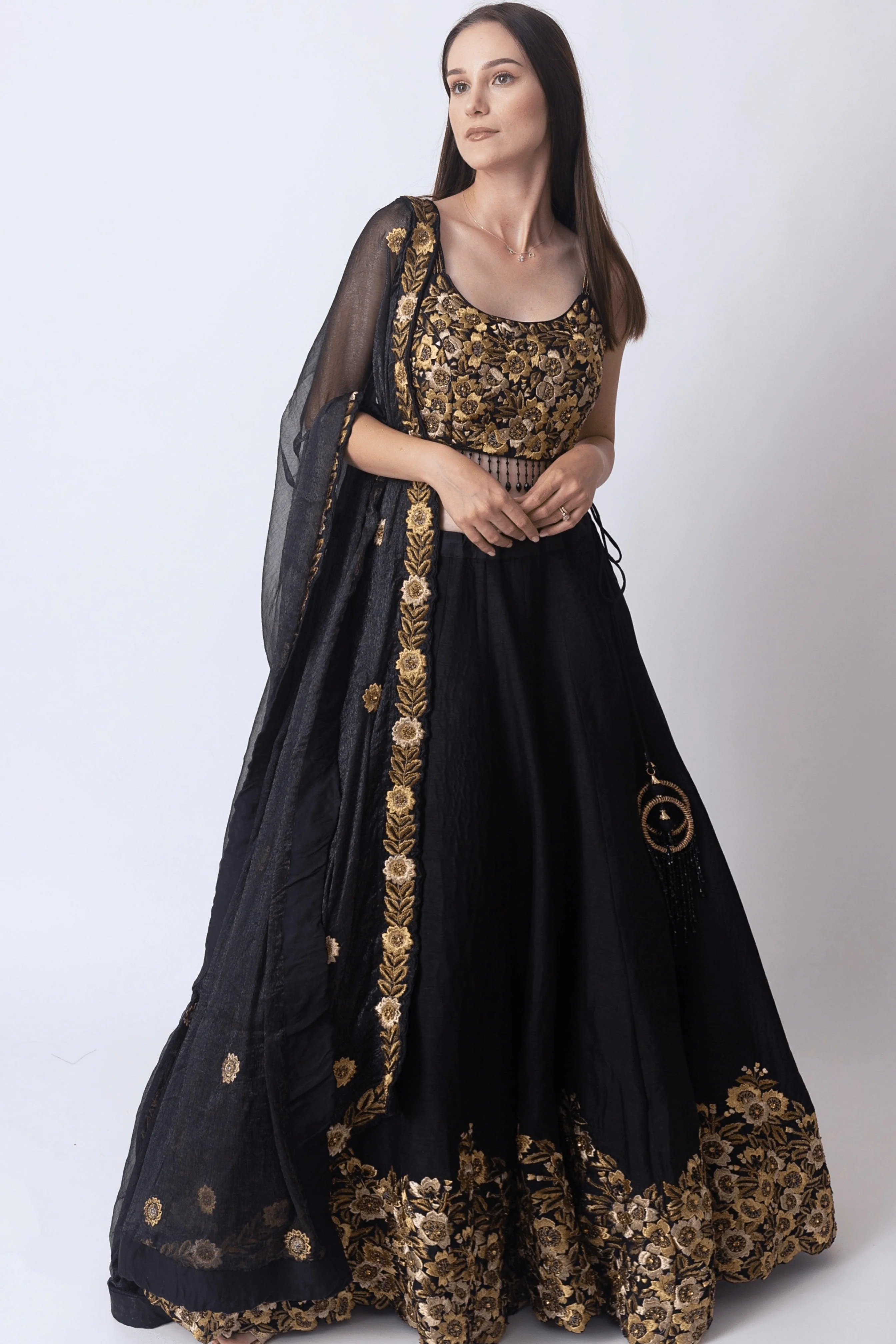 Black Floral Hand Embroidered Lehenga Choli Set - Image 6