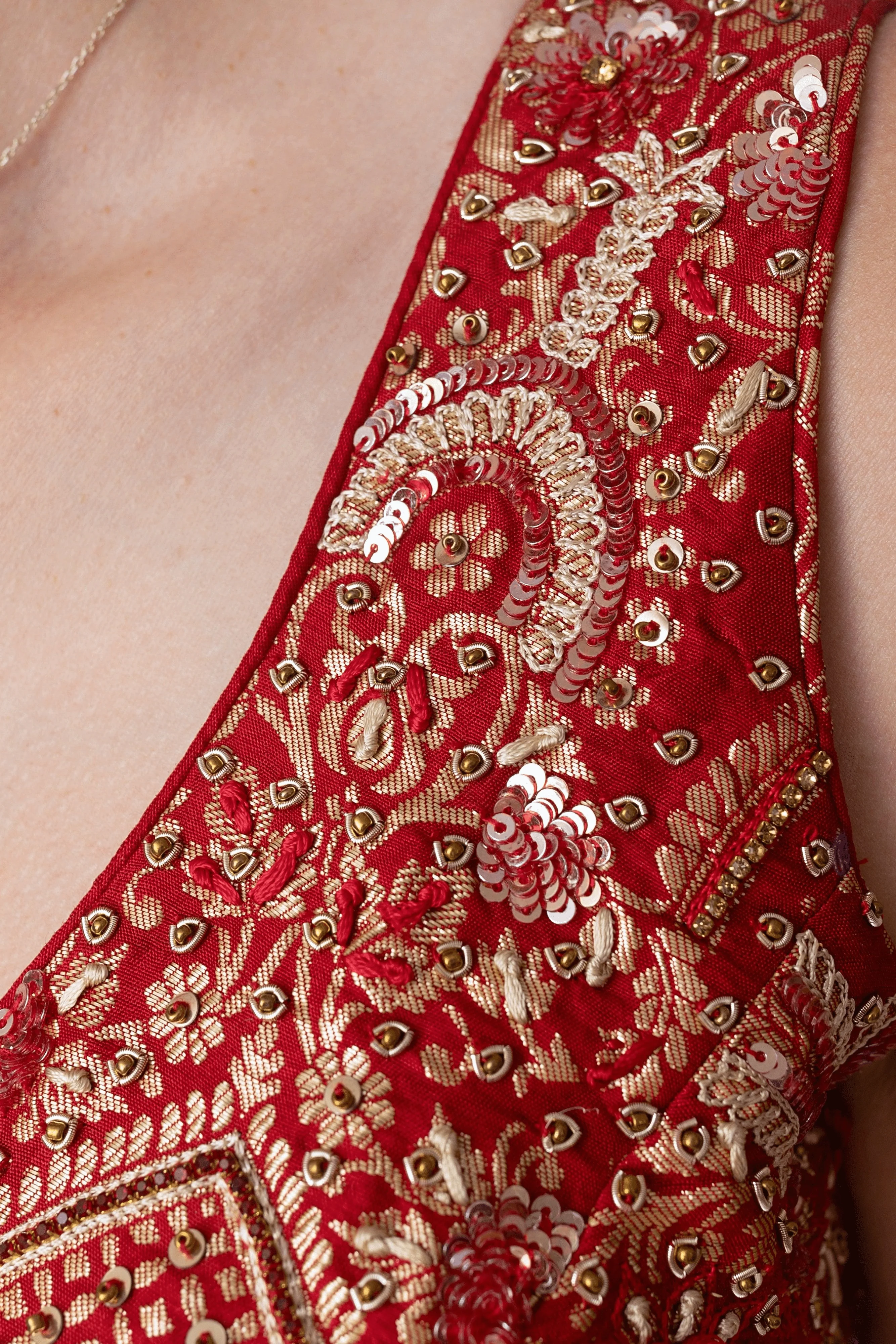 Red Banarasi Silk Lehenga Choli Set with Hand Embroidery - Image 3