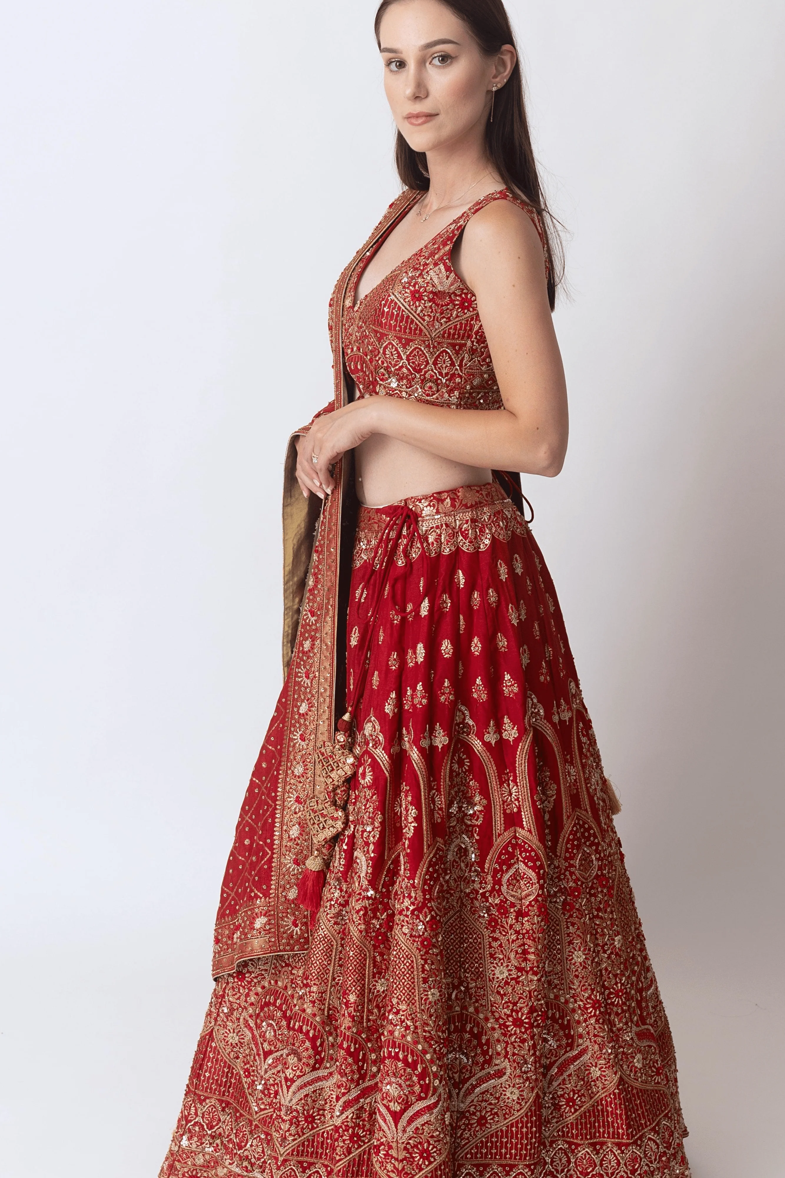 Red Banarasi Silk Lehenga Choli Set with Hand Embroidery - Image 4