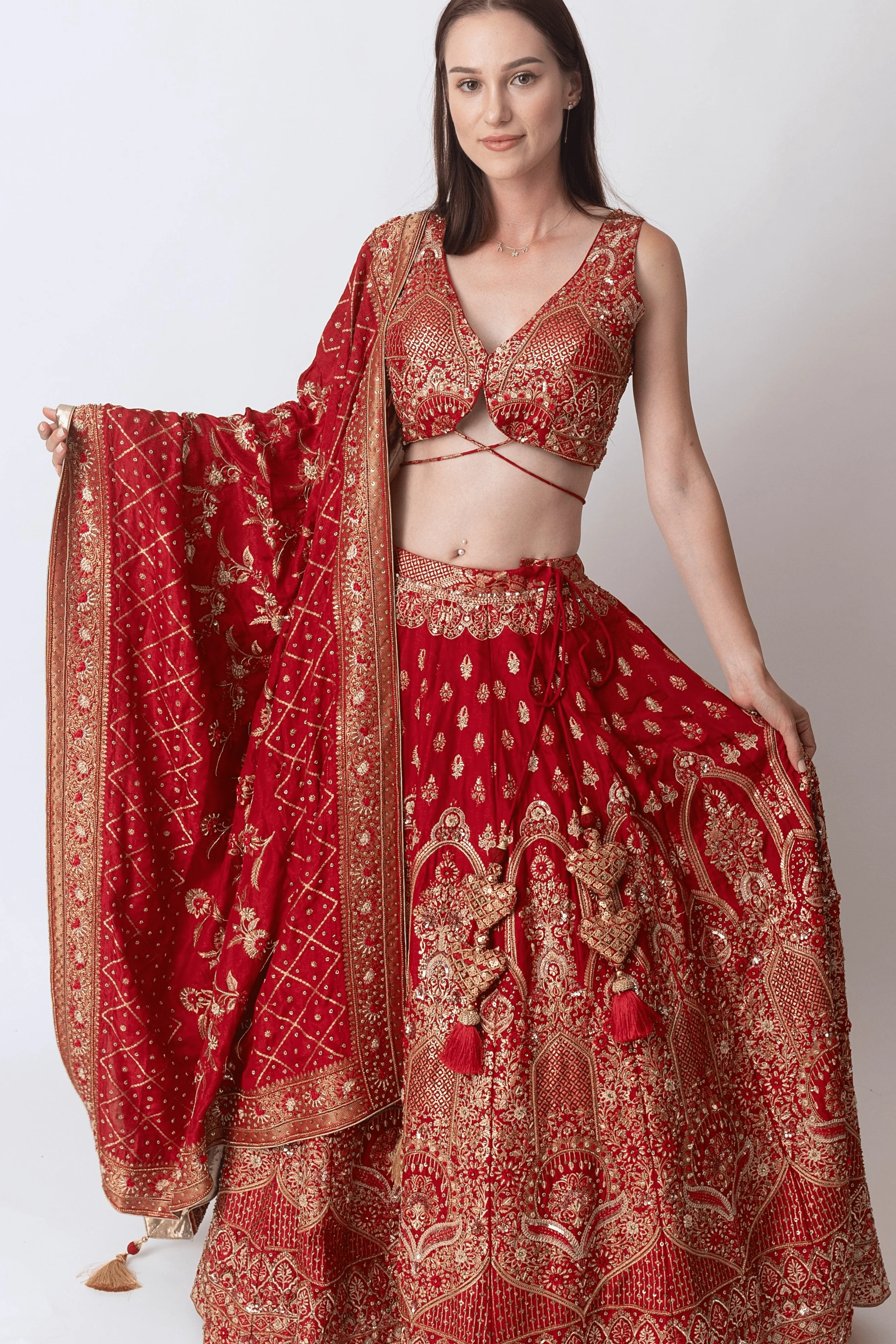 Red Banarasi Silk Lehenga Choli Set with Hand Embroidery - Image 5