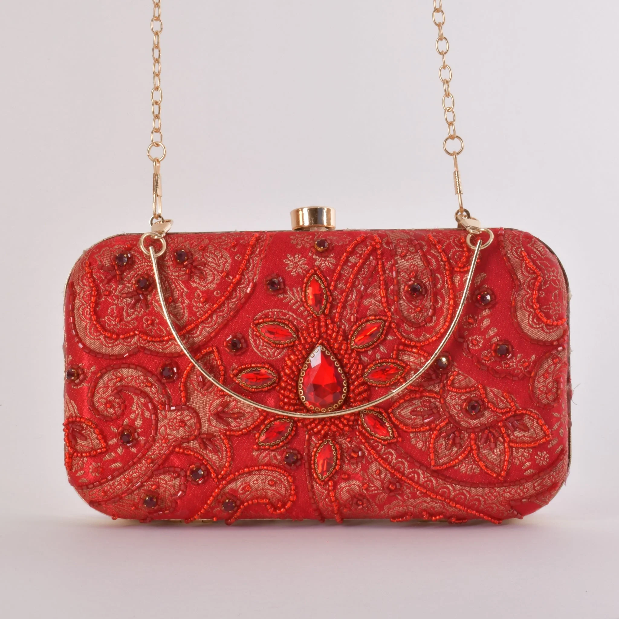 Cerise Hand Embroidered Pearl Red Clutch - Image 3