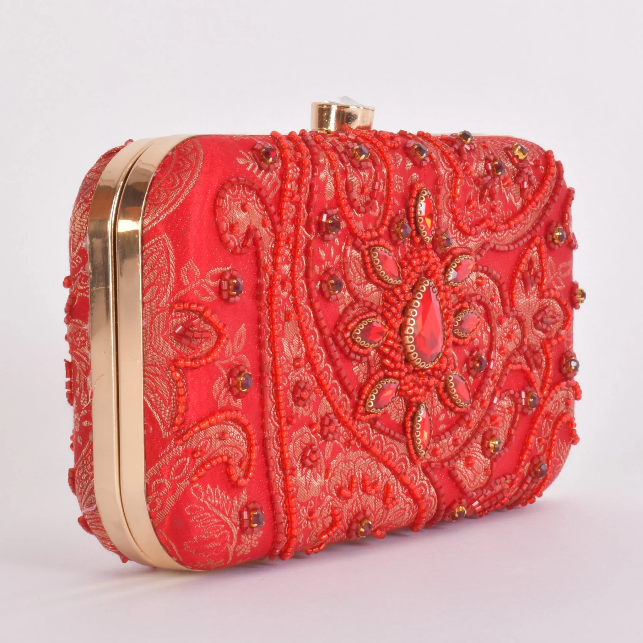 Cerise Hand Embroidered Pearl Red Clutch - Image 4