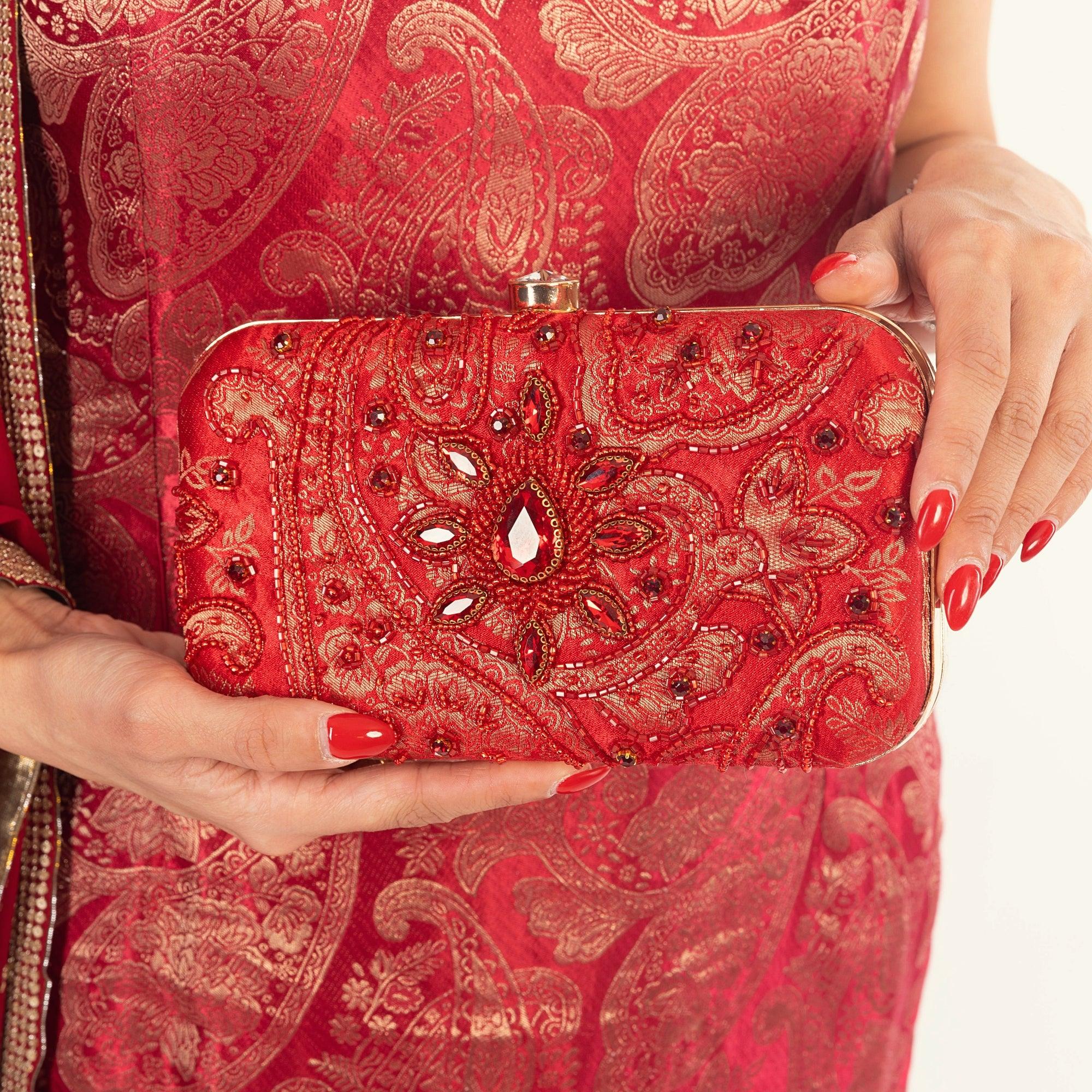 Cerise Hand Embroidered Pearl Red Clutch - Image 8