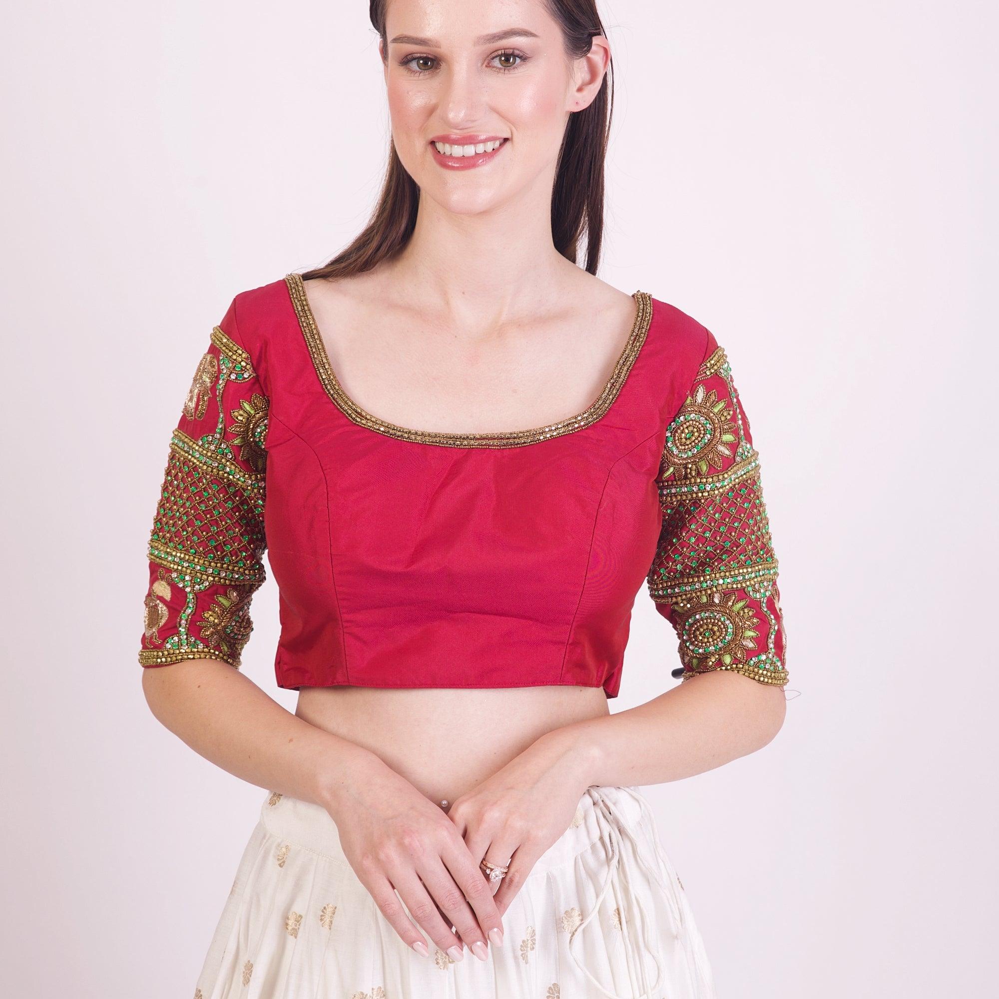 Red & Green Hand Embroidered Silk Saree Blouse with Stone & Cutdana Work