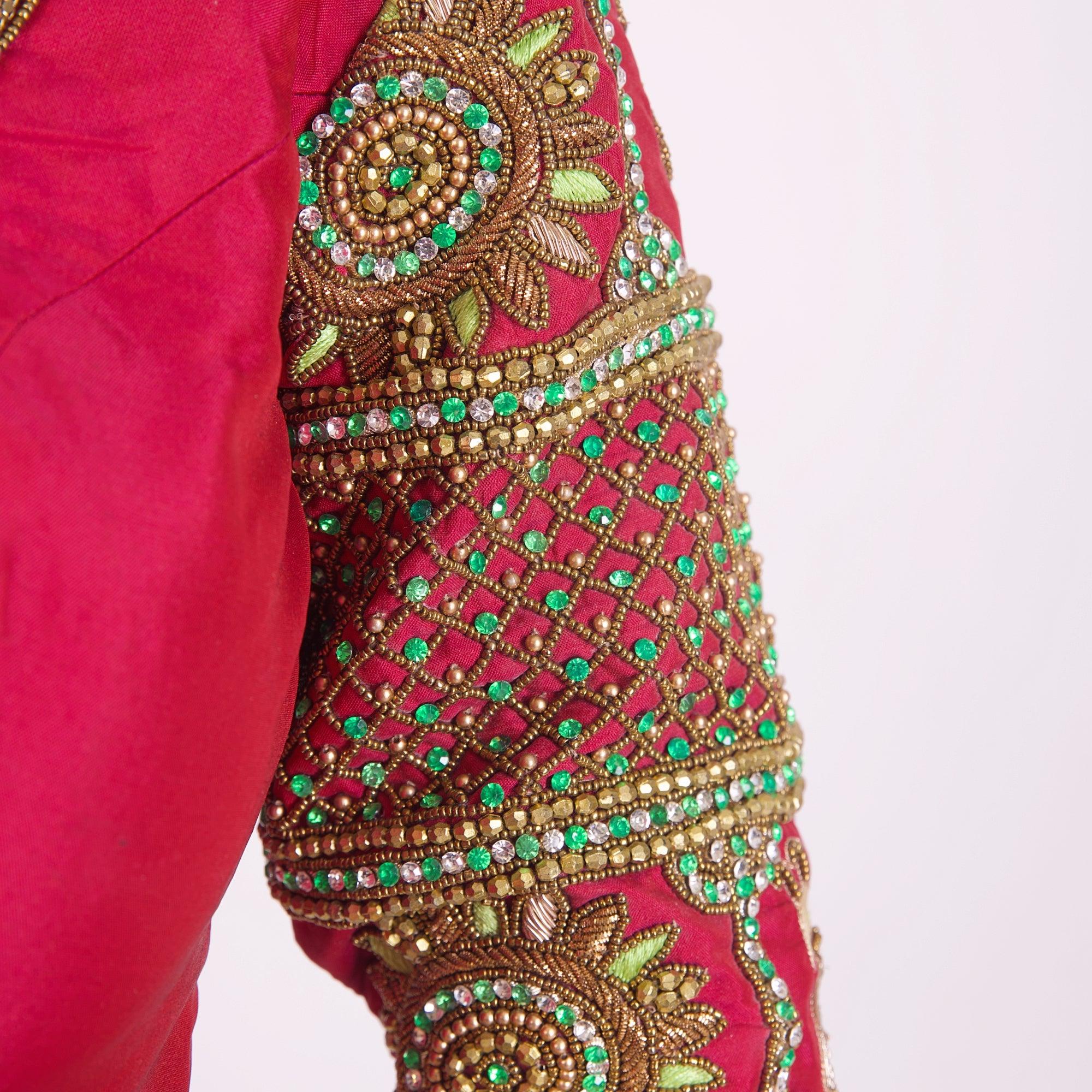 Red & Green Hand Embroidered Silk Saree Blouse with Stone & Cutdana Work - Image 3
