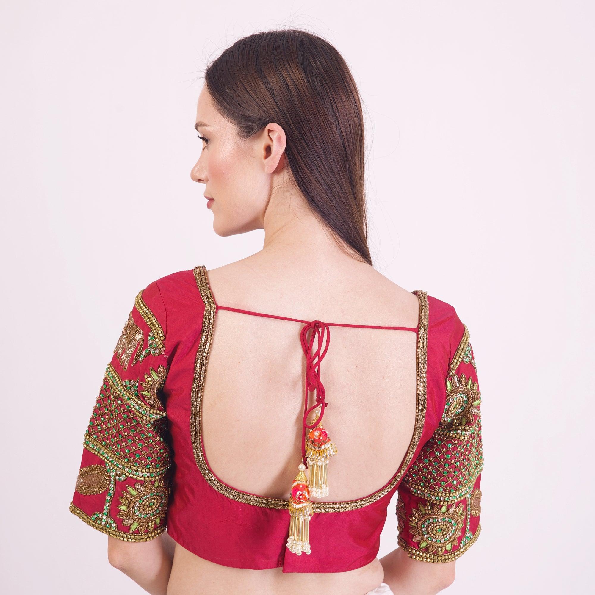 Red & Green Hand Embroidered Silk Saree Blouse with Stone & Cutdana Work - Image 4