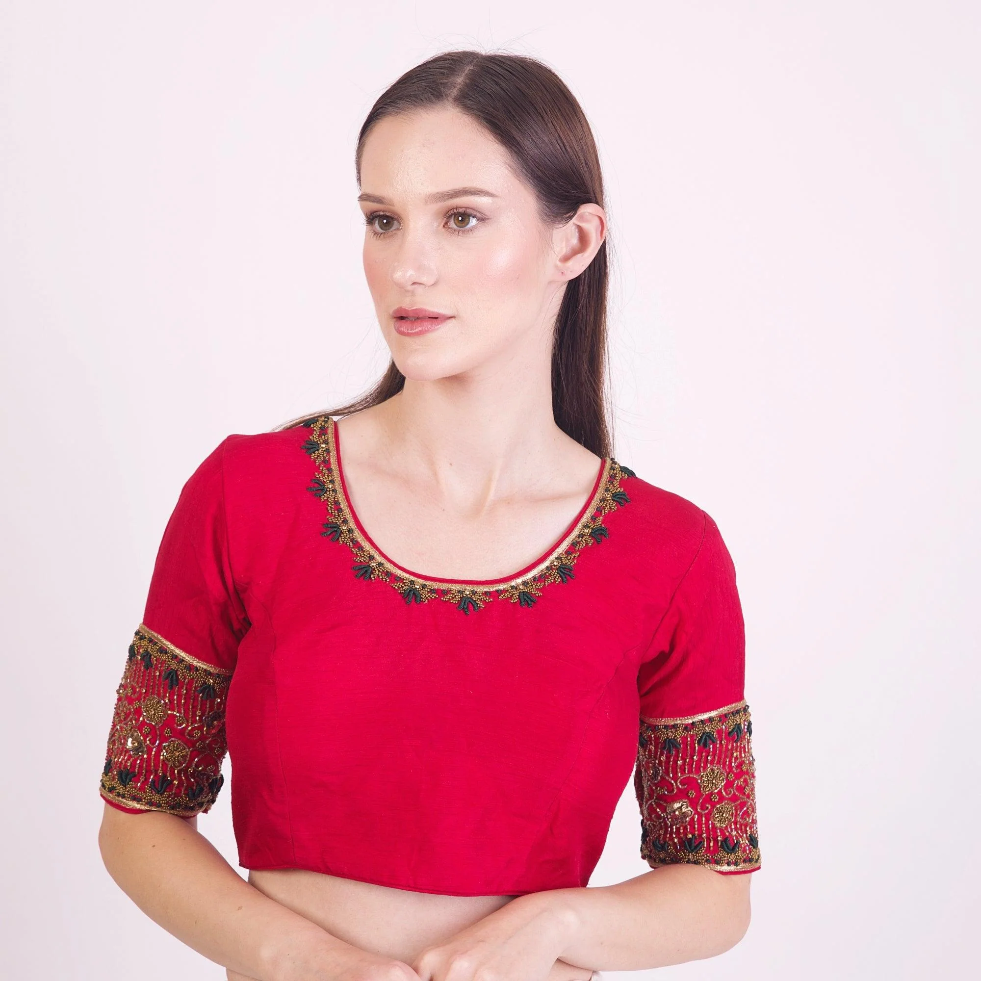 Red Hand Embroidered Silk Saree Blouse with Elbow Sleeves