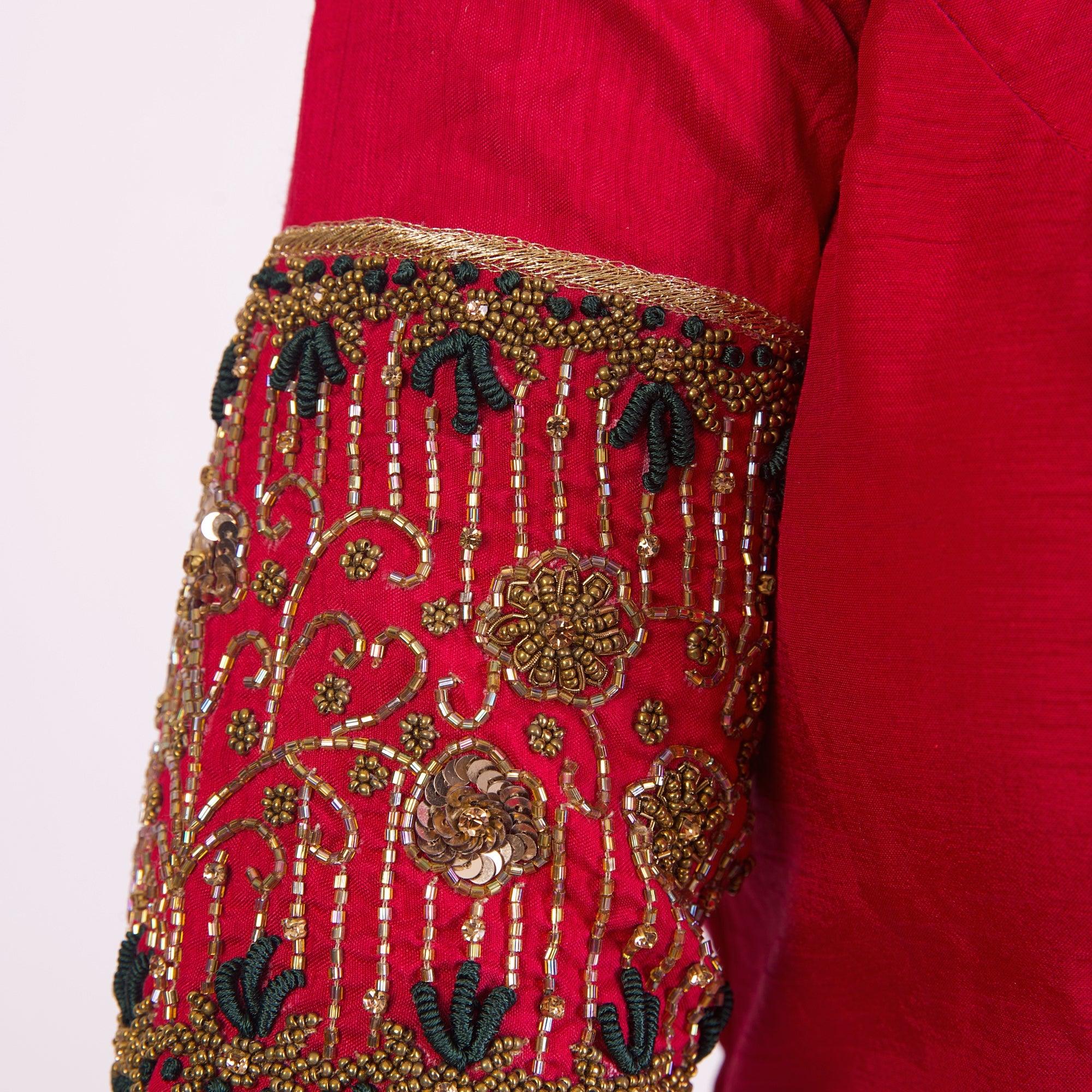 Red Hand Embroidered Silk Saree Blouse with Elbow Sleeves - Image 2