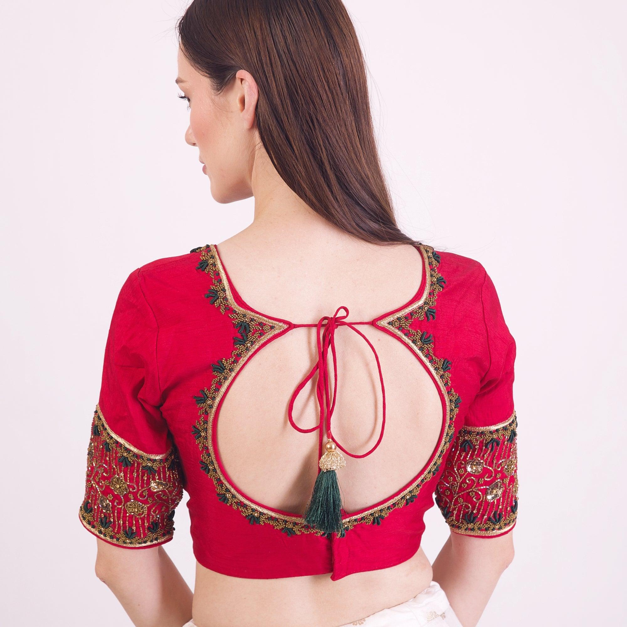 Red Hand Embroidered Silk Saree Blouse with Elbow Sleeves - Image 3