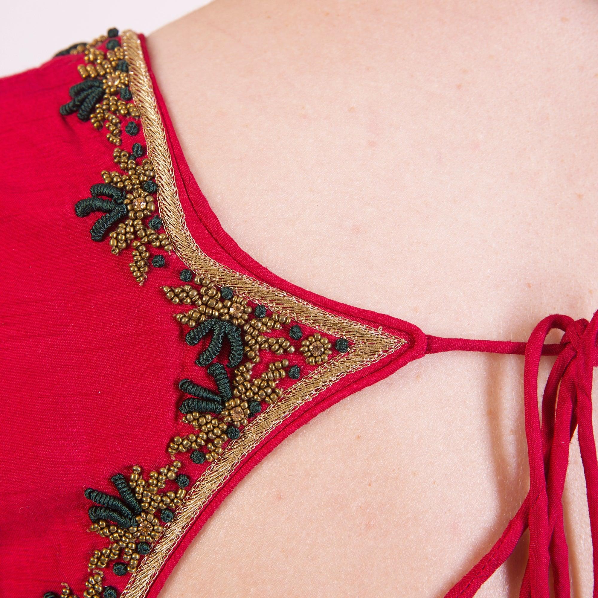 Red Hand Embroidered Silk Saree Blouse with Elbow Sleeves - Image 5