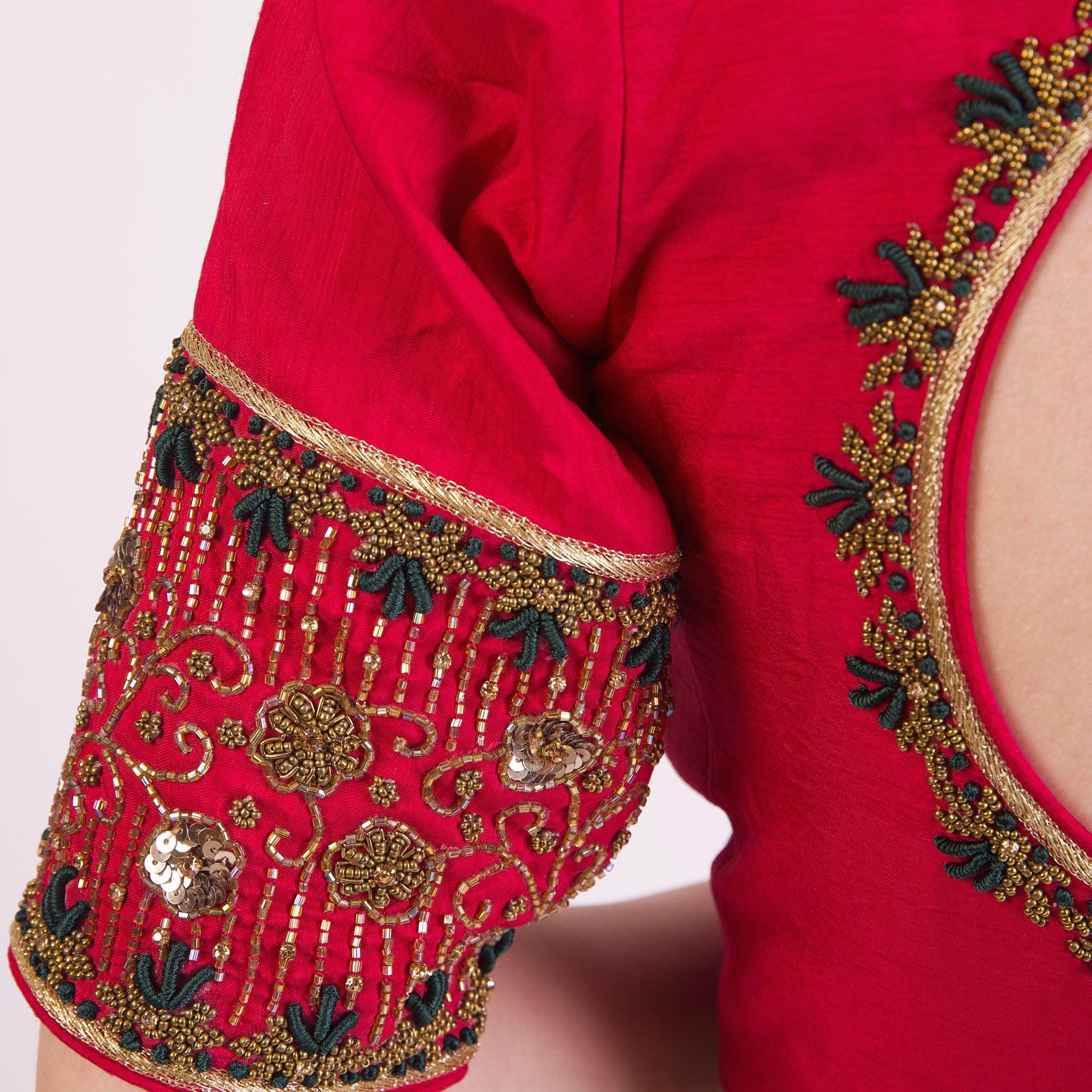 Red Hand Embroidered Silk Saree Blouse with Elbow Sleeves - Image 6