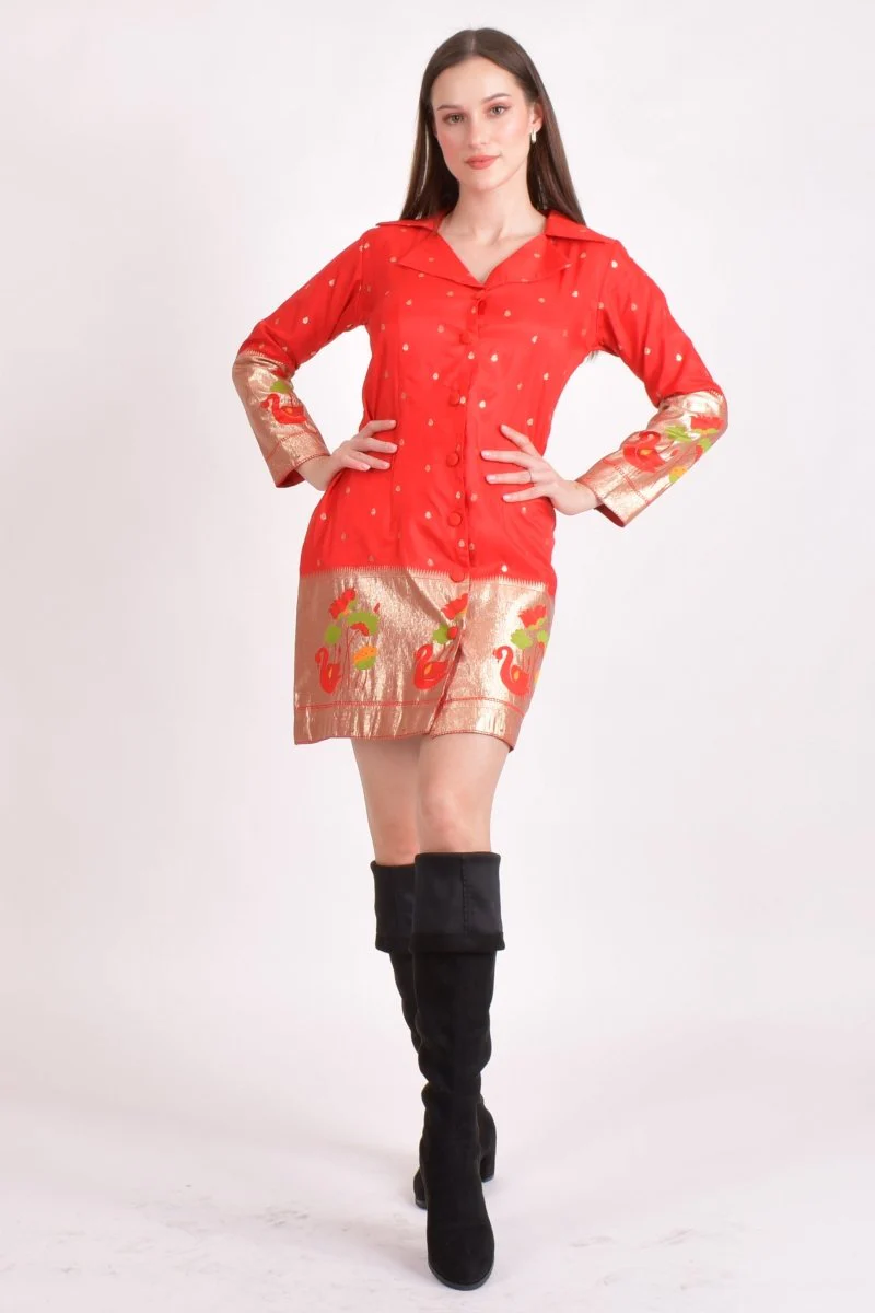 Red Jacquard Butti Silk Mini Blazer Dress