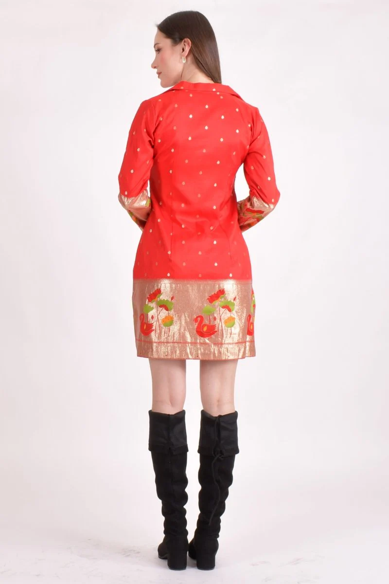 Red Jacquard Butti Silk Mini Blazer Dress - Image 2