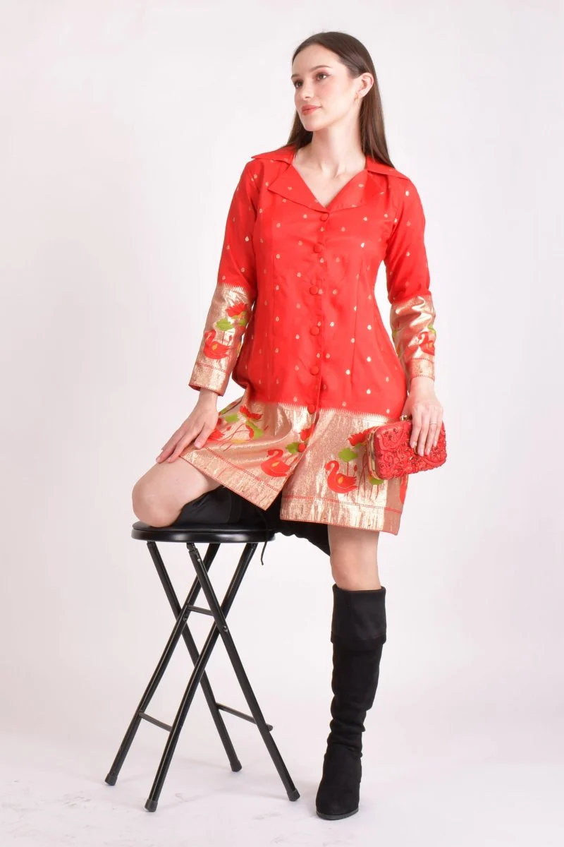Red Jacquard Butti Silk Mini Blazer Dress - Image 5