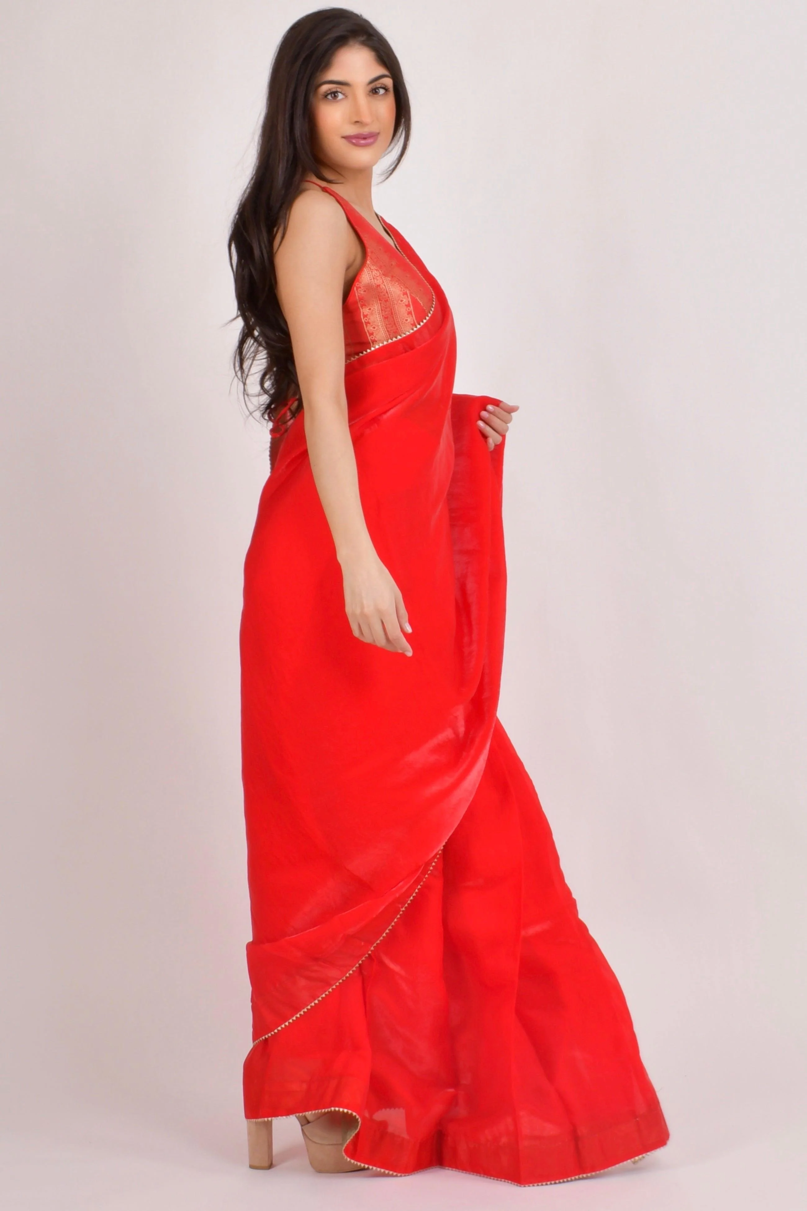 Red Pre-Stitched Saree with Banarasi Jacquard Blouse - Image 4