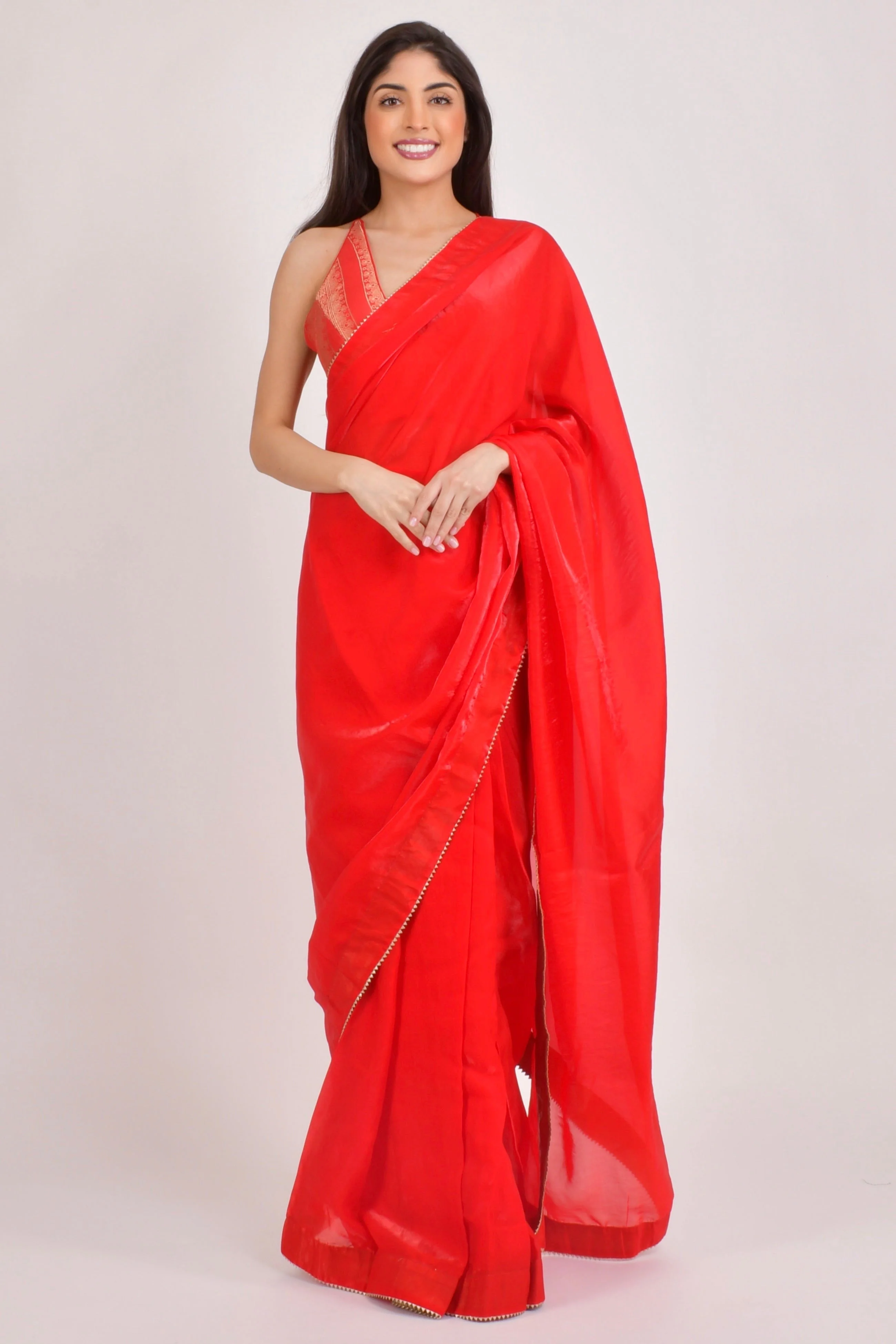 Red Pre-Stitched Saree with Banarasi Jacquard Blouse - Image 5