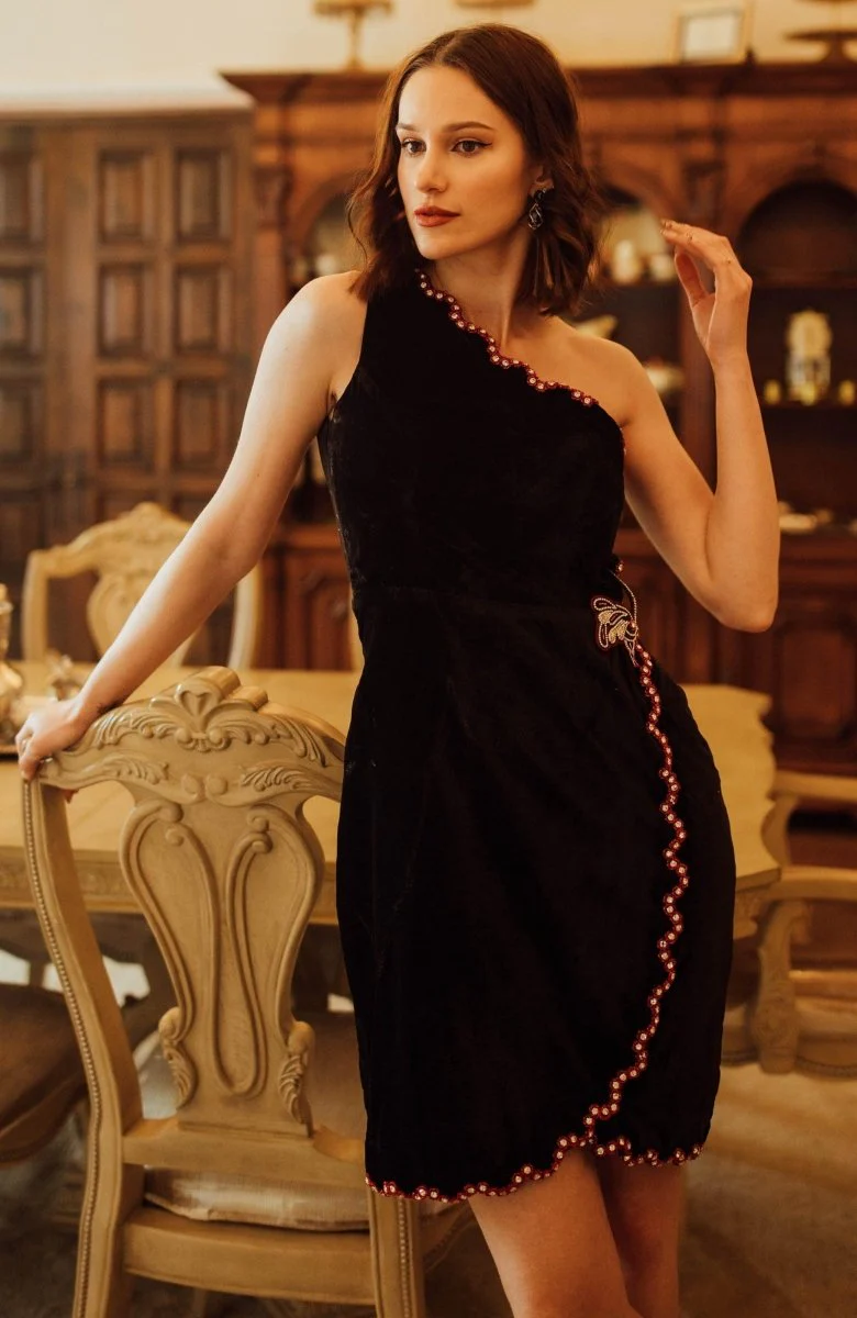 Regina Black Mini Dress Hand Embroidered