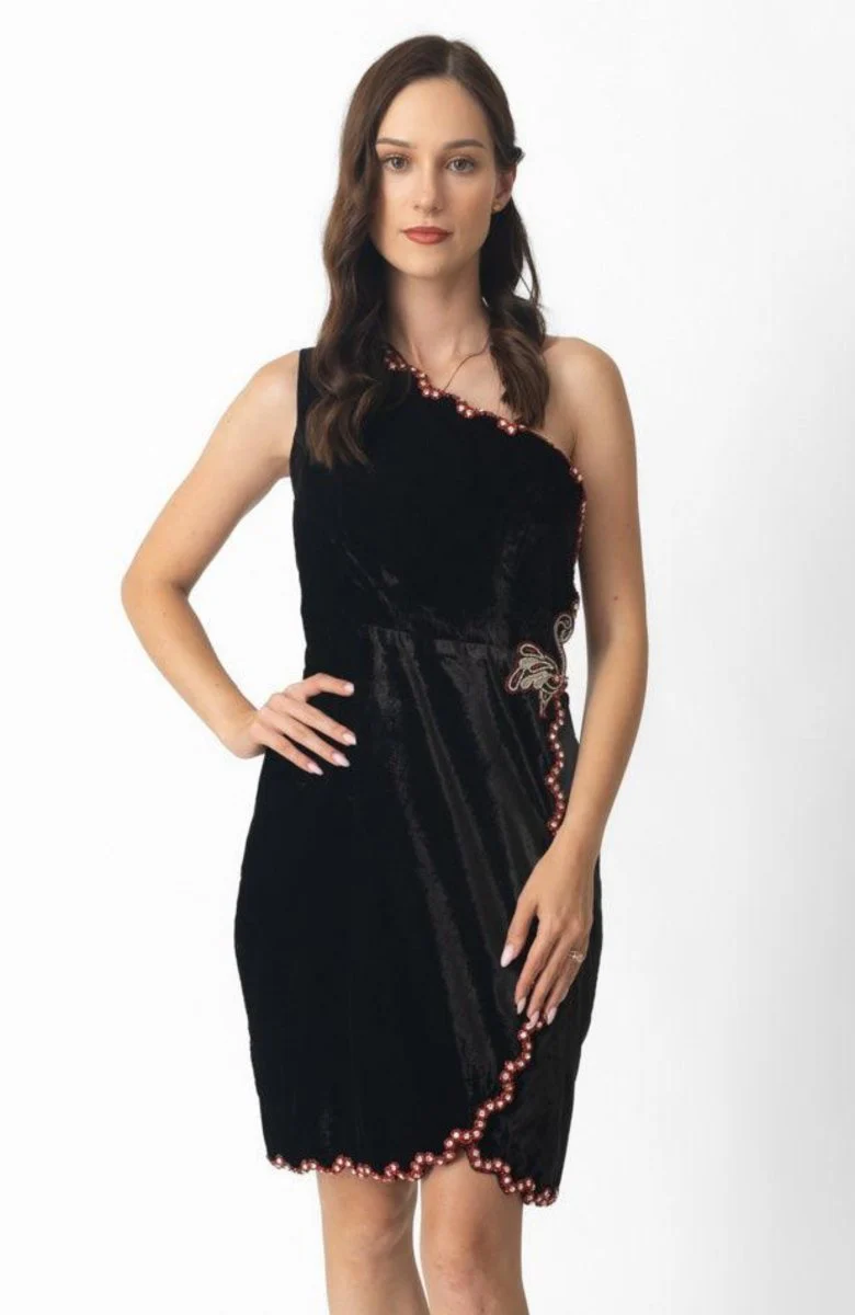 Regina Black Mini Dress Hand Embroidered - Image 4