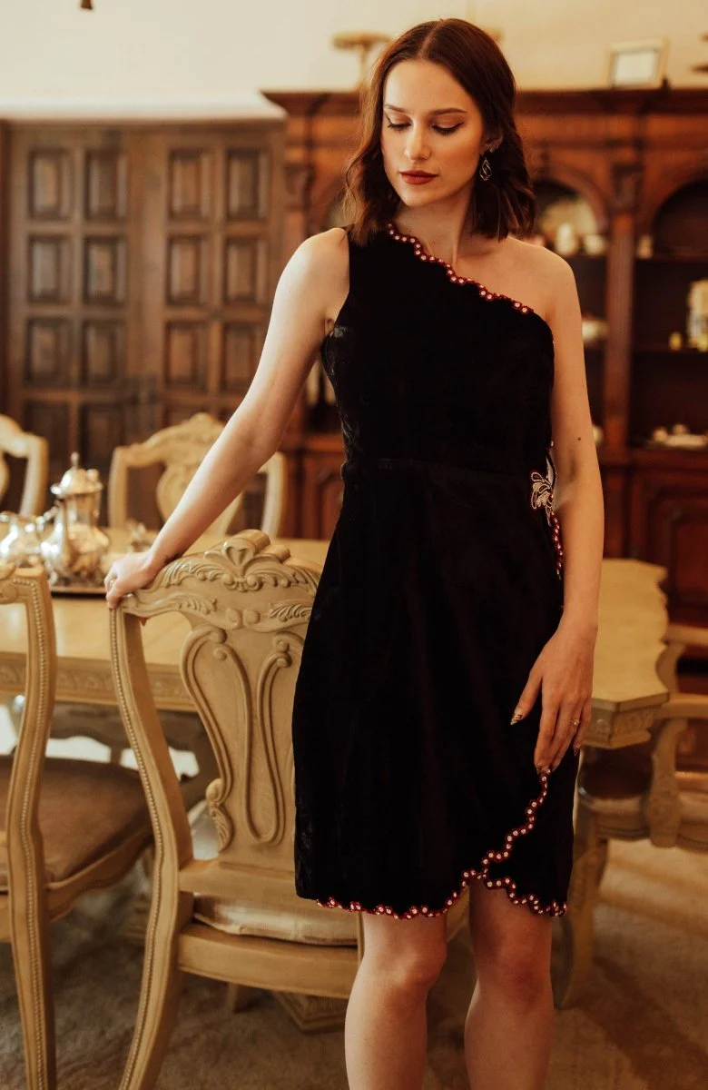 Regina Black Mini Dress Hand Embroidered - Image 8