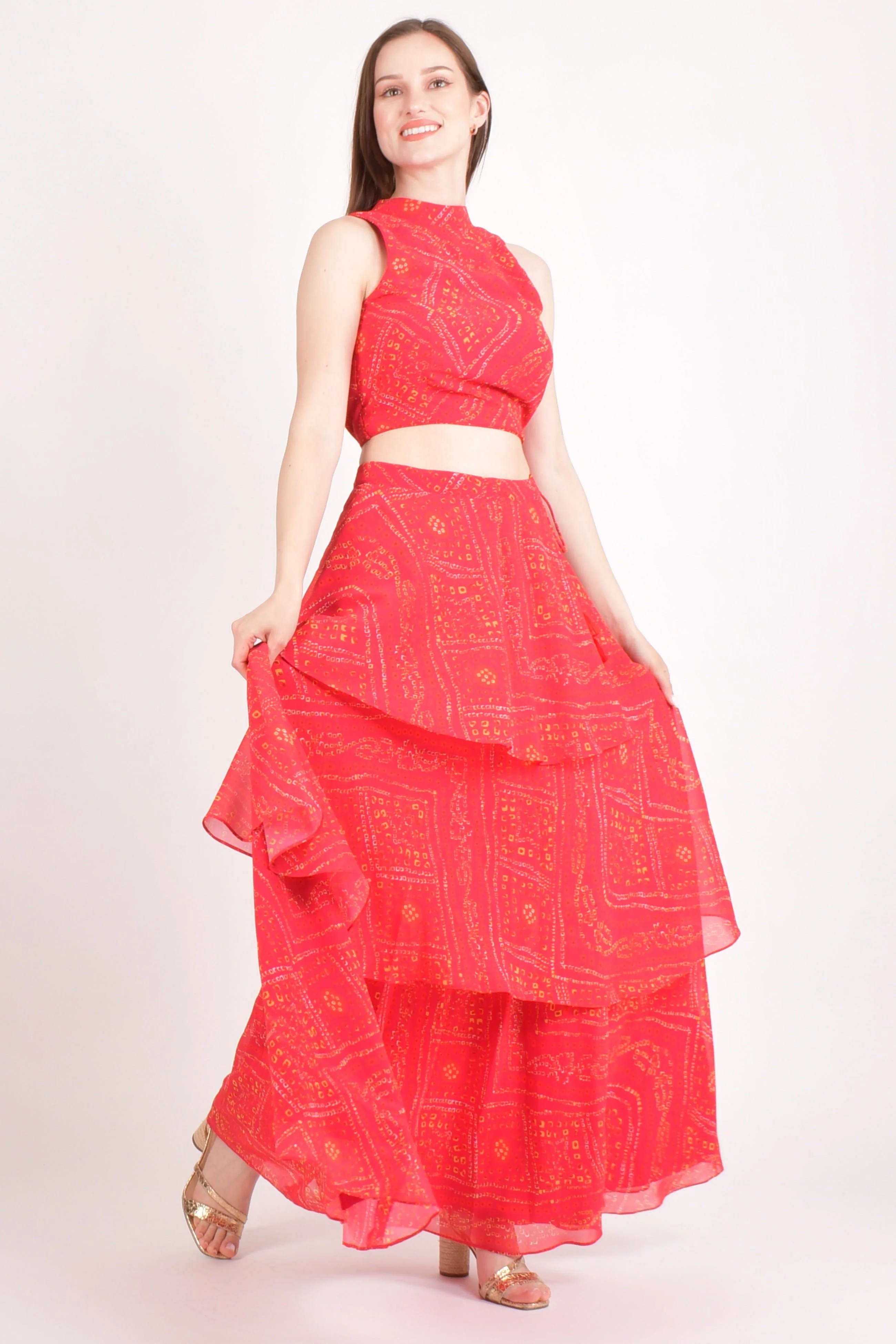 Red Bandhani Two Piece Set with Tiered Skirt