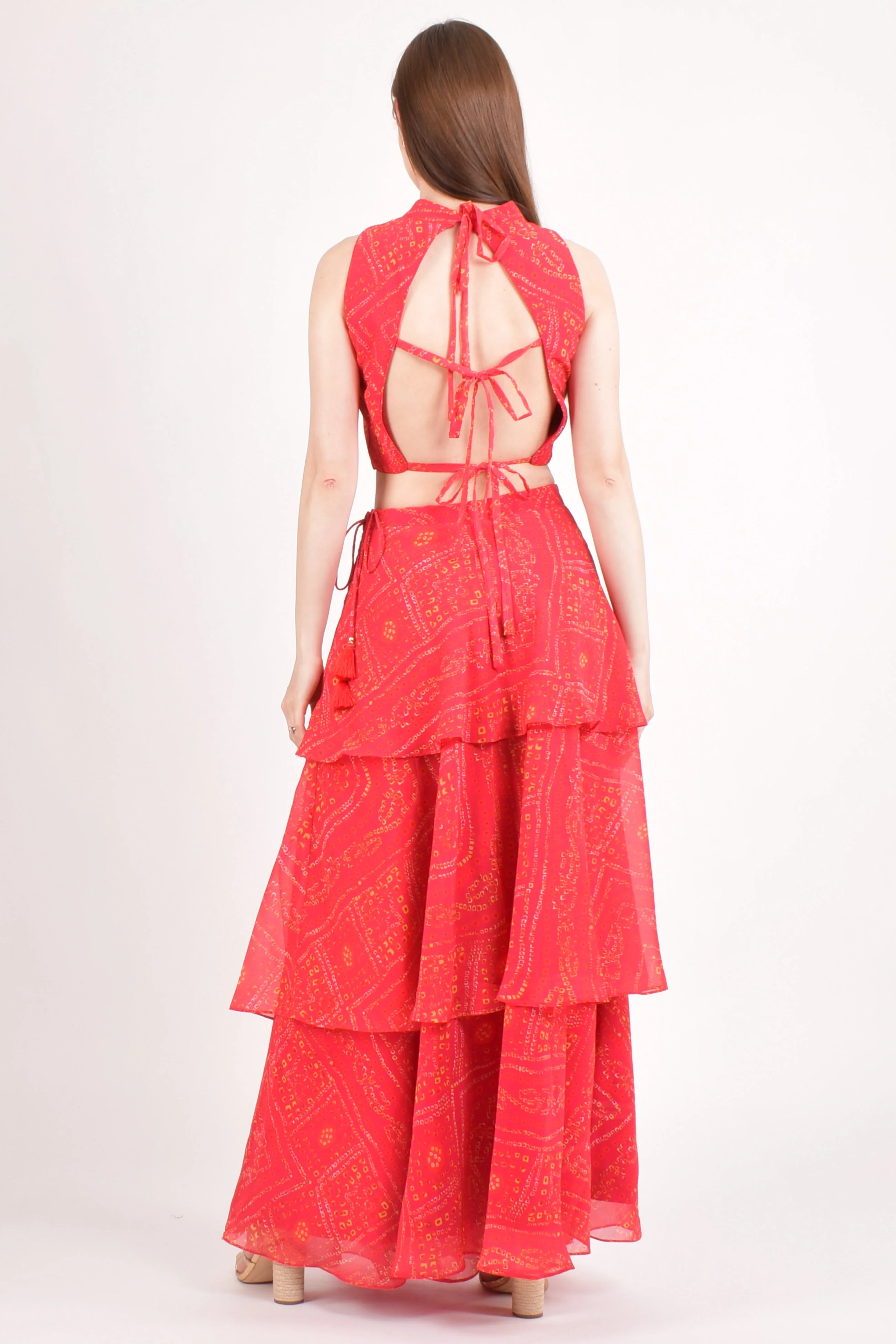 Red Bandhani Two Piece Set with Tiered Skirt - Image 2