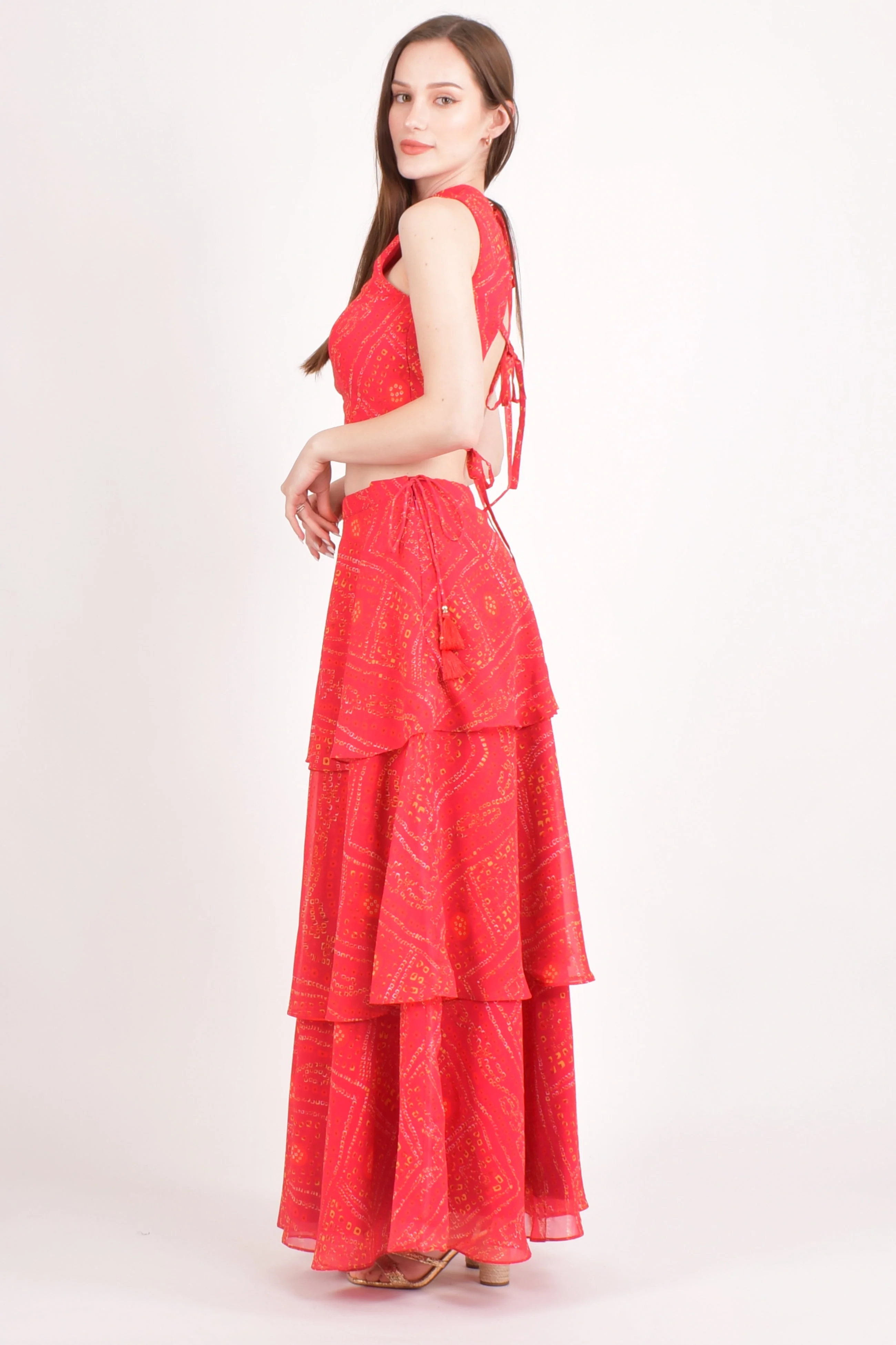 Red Bandhani Two Piece Set with Tiered Skirt - Image 4