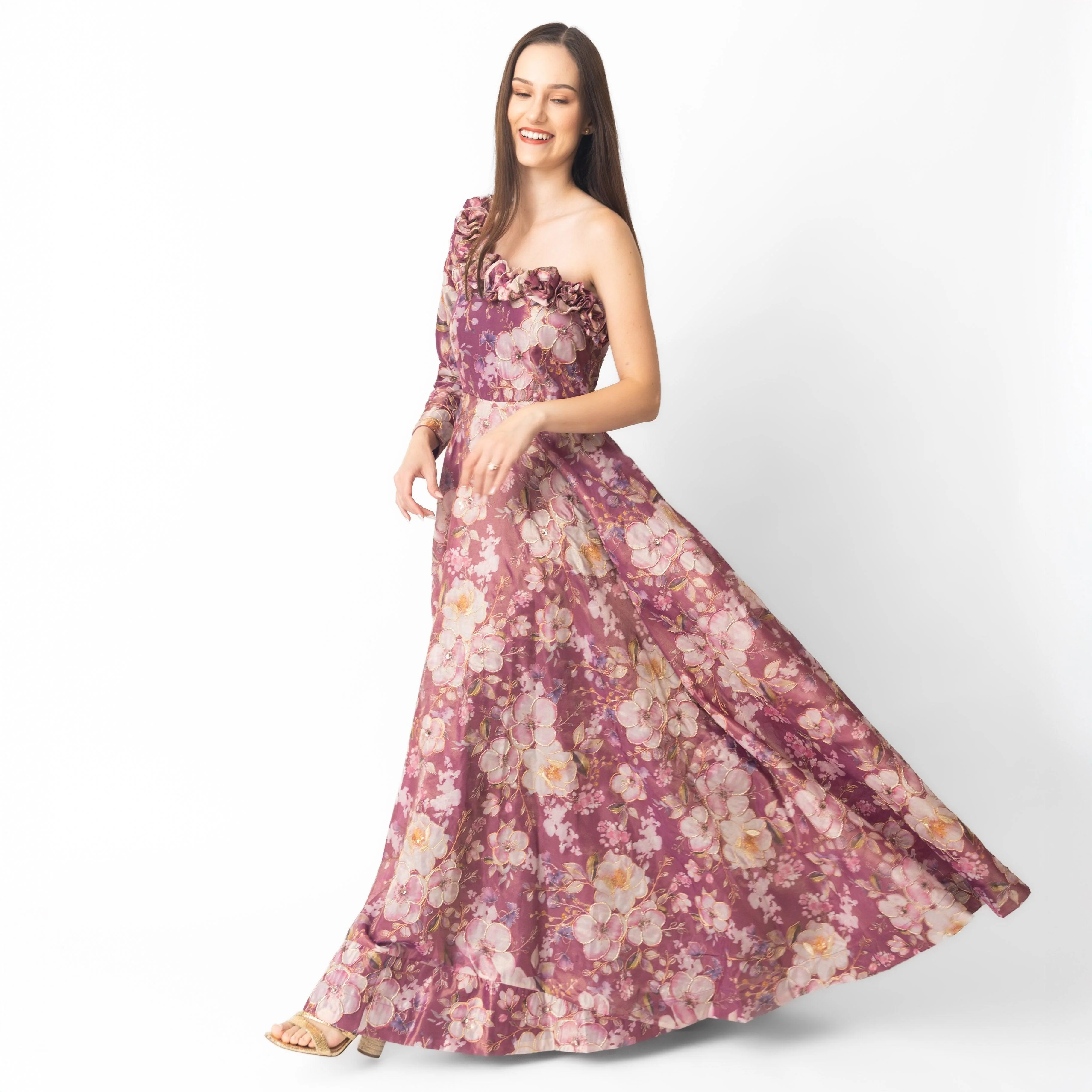 Pink Floral Organza One Shoulder Gown - Image 4