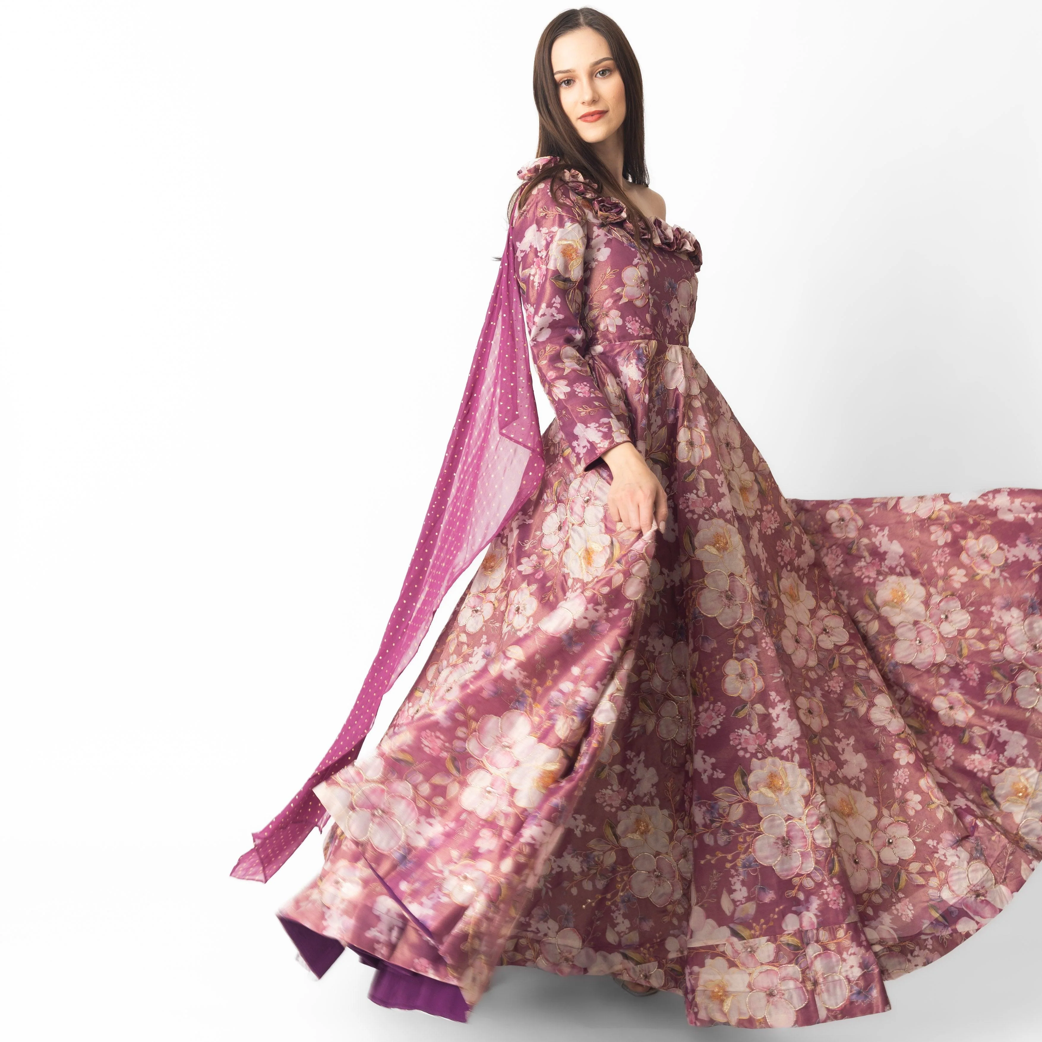 Pink Floral Organza One Shoulder Gown - Image 5