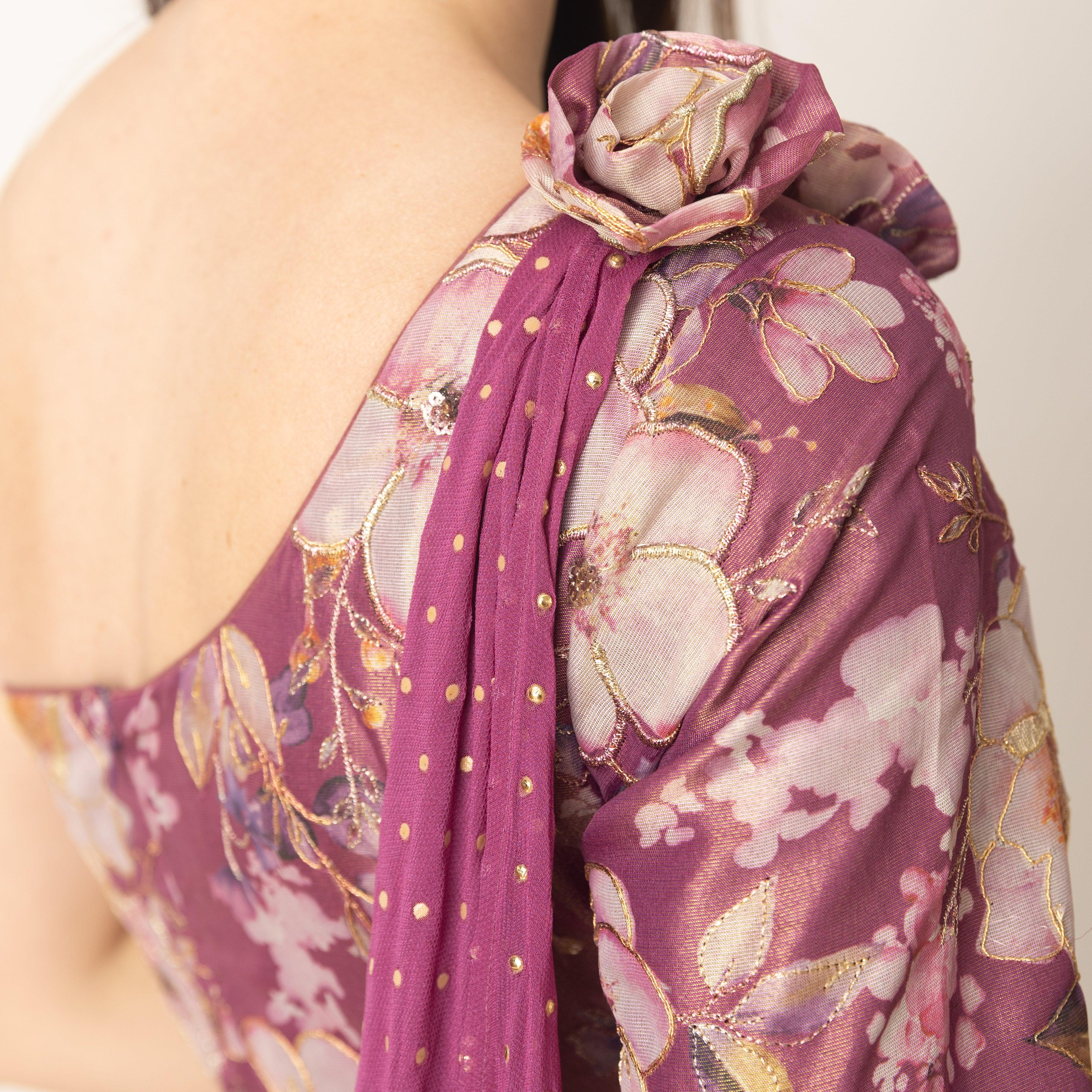 Pink Floral Organza One Shoulder Gown - Image 7