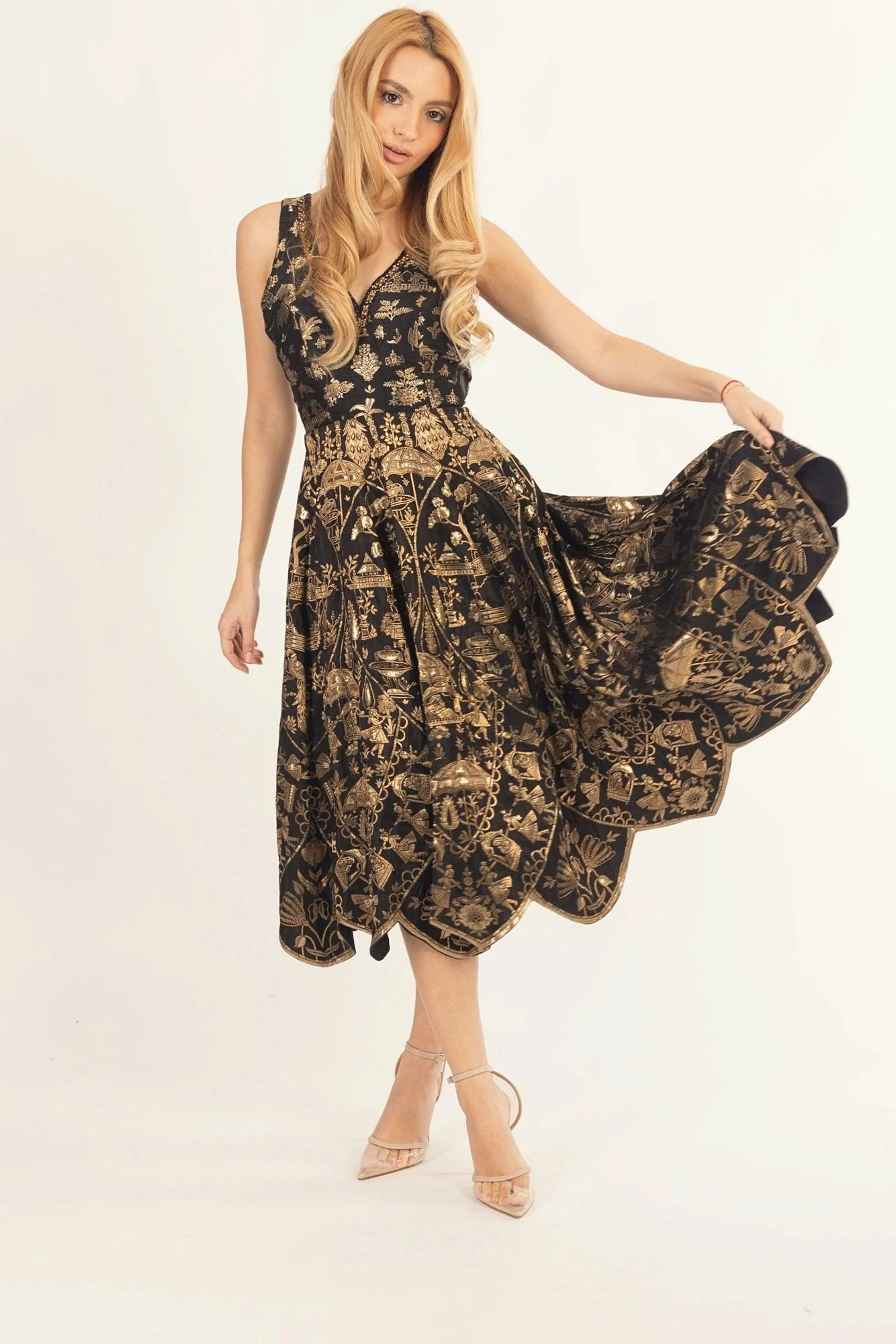 Black Midi Dress with Hand Embroidered Neckline - Image 5