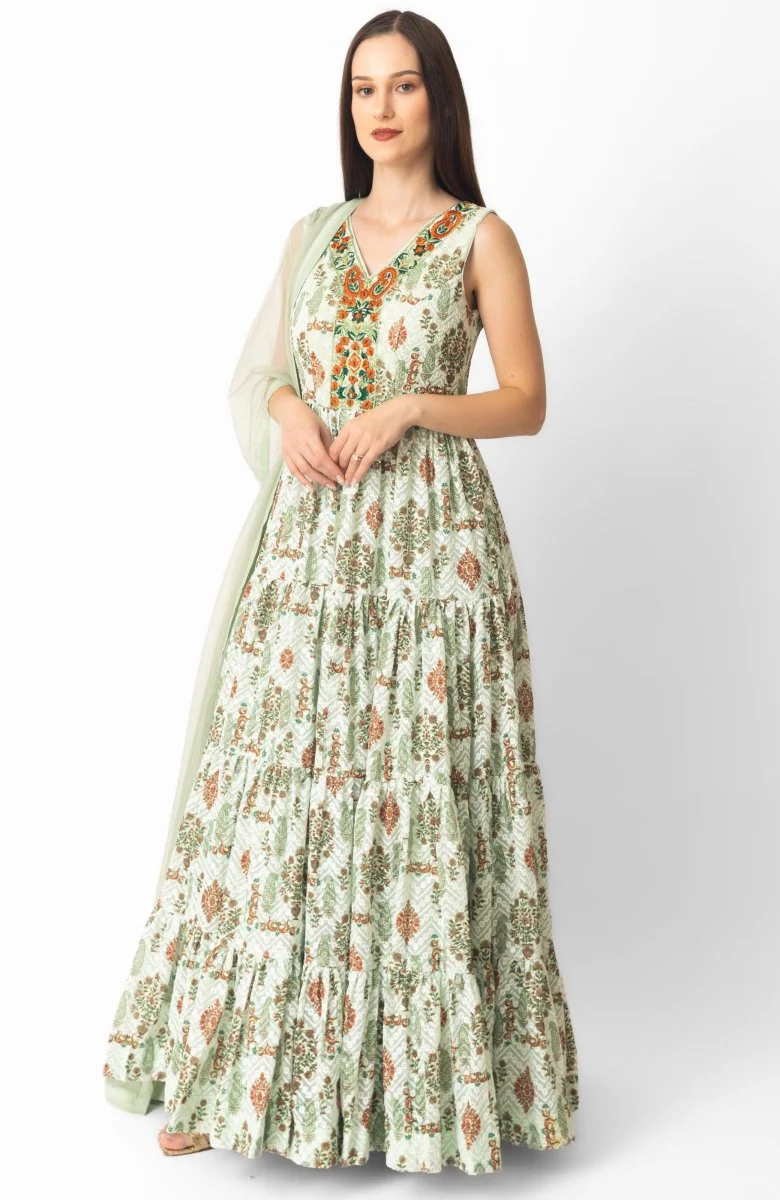 Sage Green Gown Dress with Allover Embroidery - Image 4