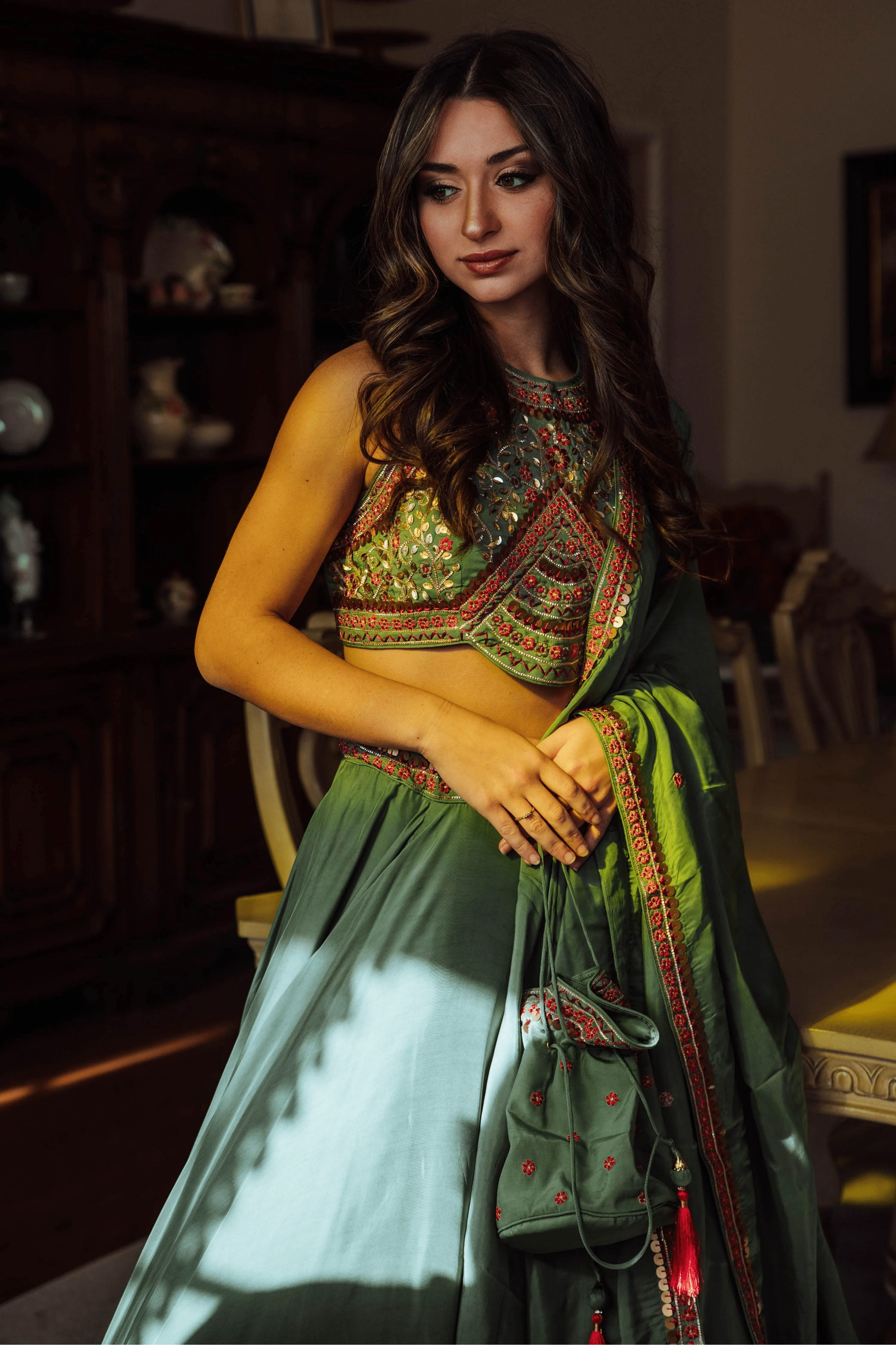 Sage Green Lehenga with Hand Embroidered Blouse and Matching Dupatta - Image 3