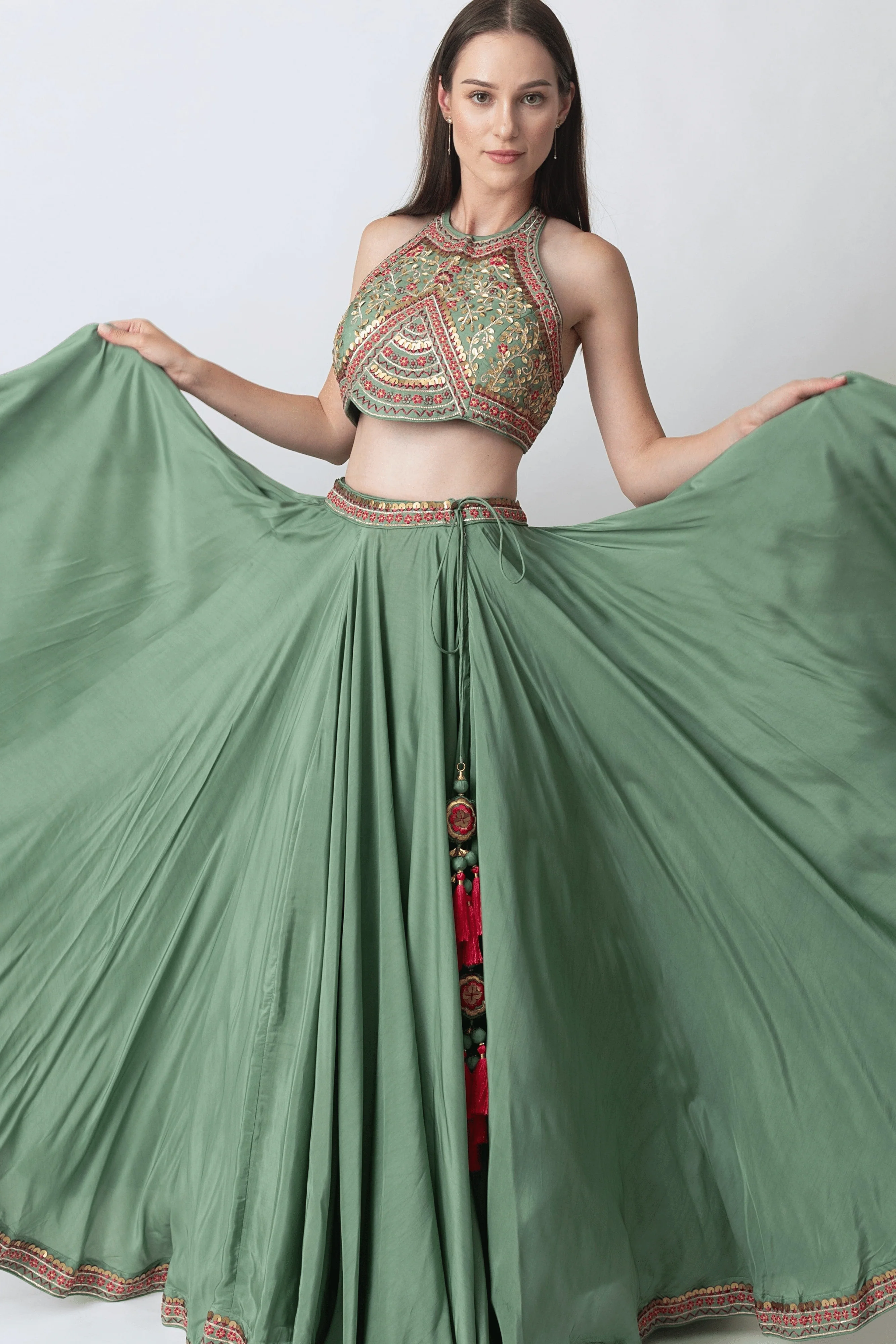 Sage Green Lehenga with Hand Embroidered Blouse and Matching Dupatta - Image 4