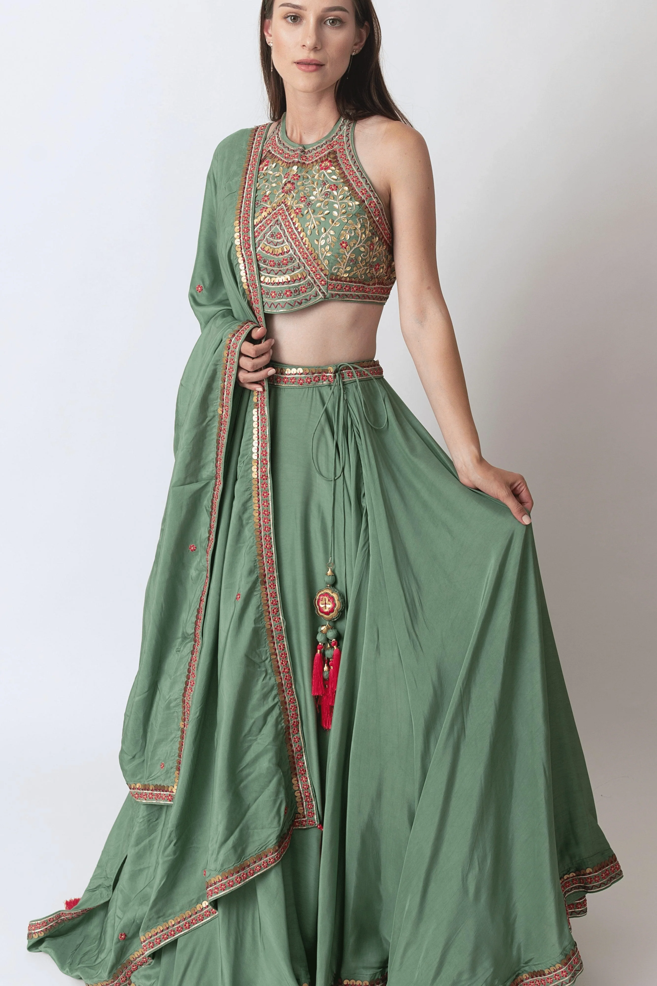 Sage Green Lehenga with Hand Embroidered Blouse and Matching Dupatta - Image 5