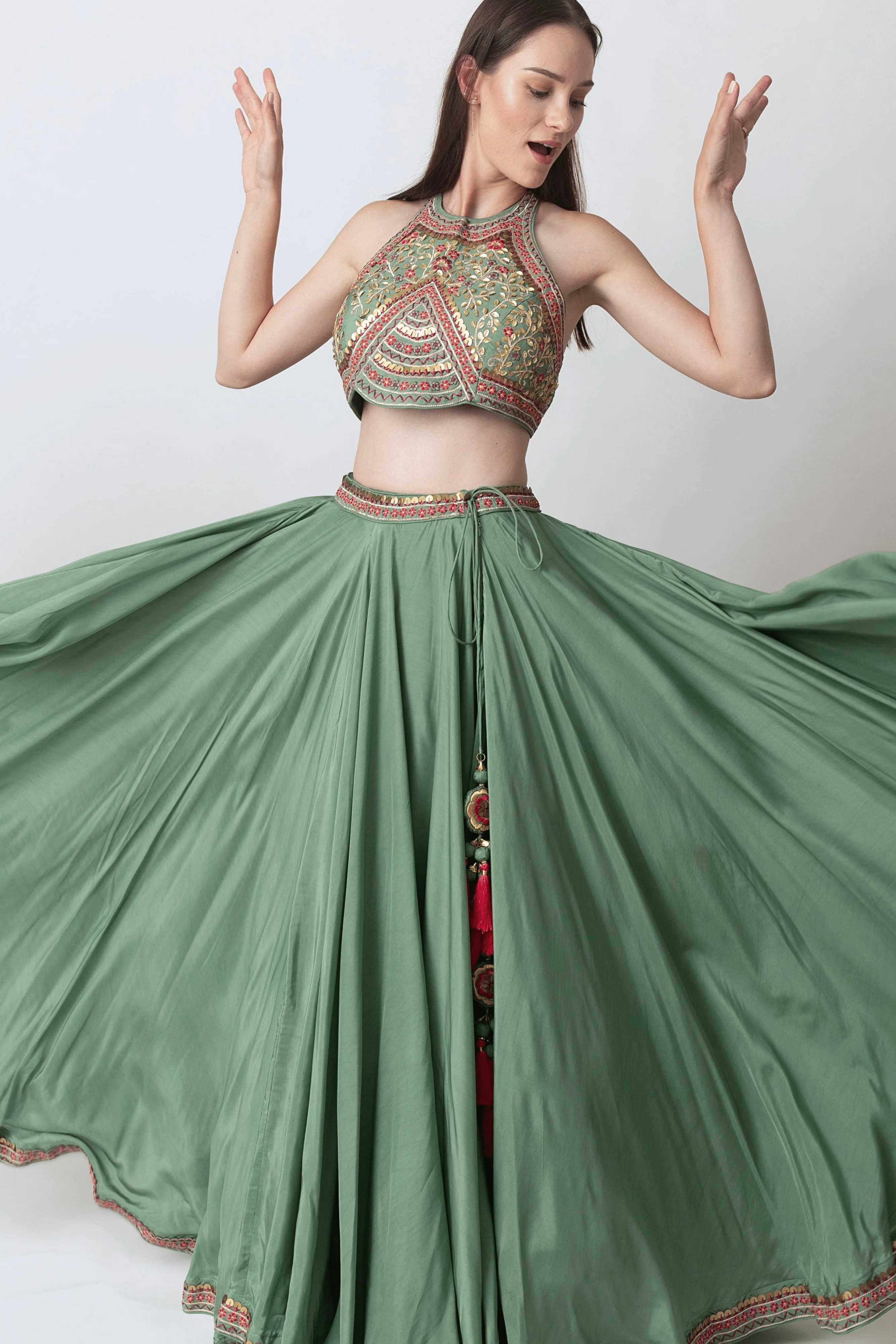 Sage Green Lehenga with Hand Embroidered Blouse and Matching Dupatta - Image 6