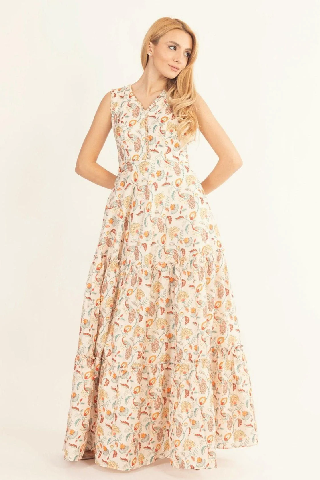 Off-White Long Dress with All-Over Kalankari Print