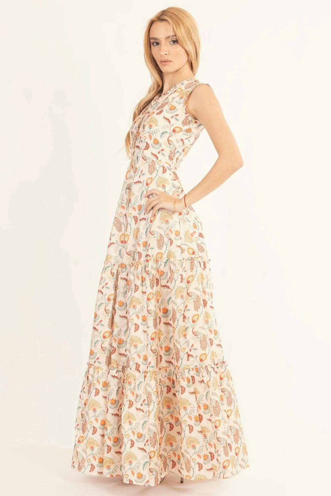 Off-White Long Dress with All-Over Kalankari Print - Image 5