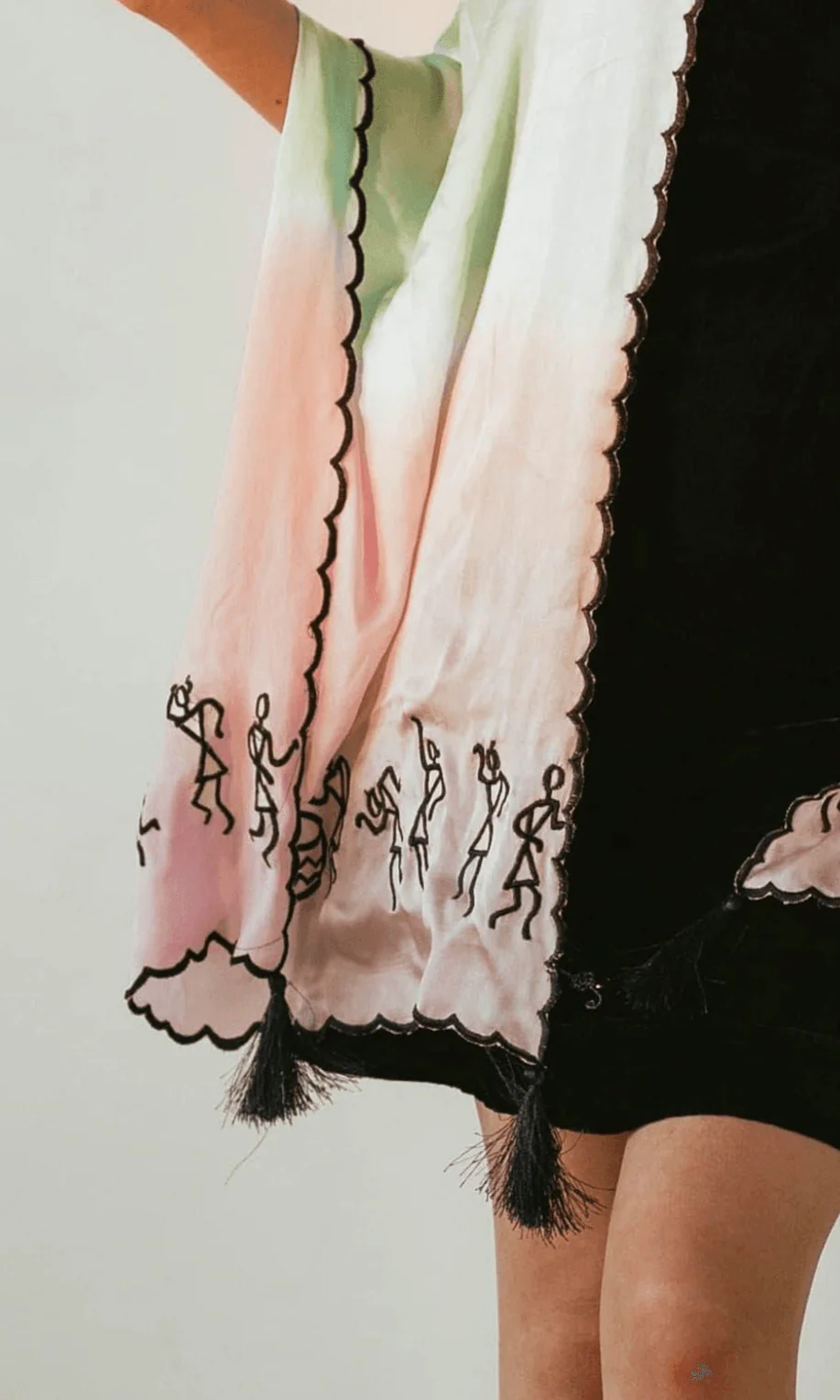 Sky Blue and Pink Varli Embroidered Shaded Scarf - Image 2