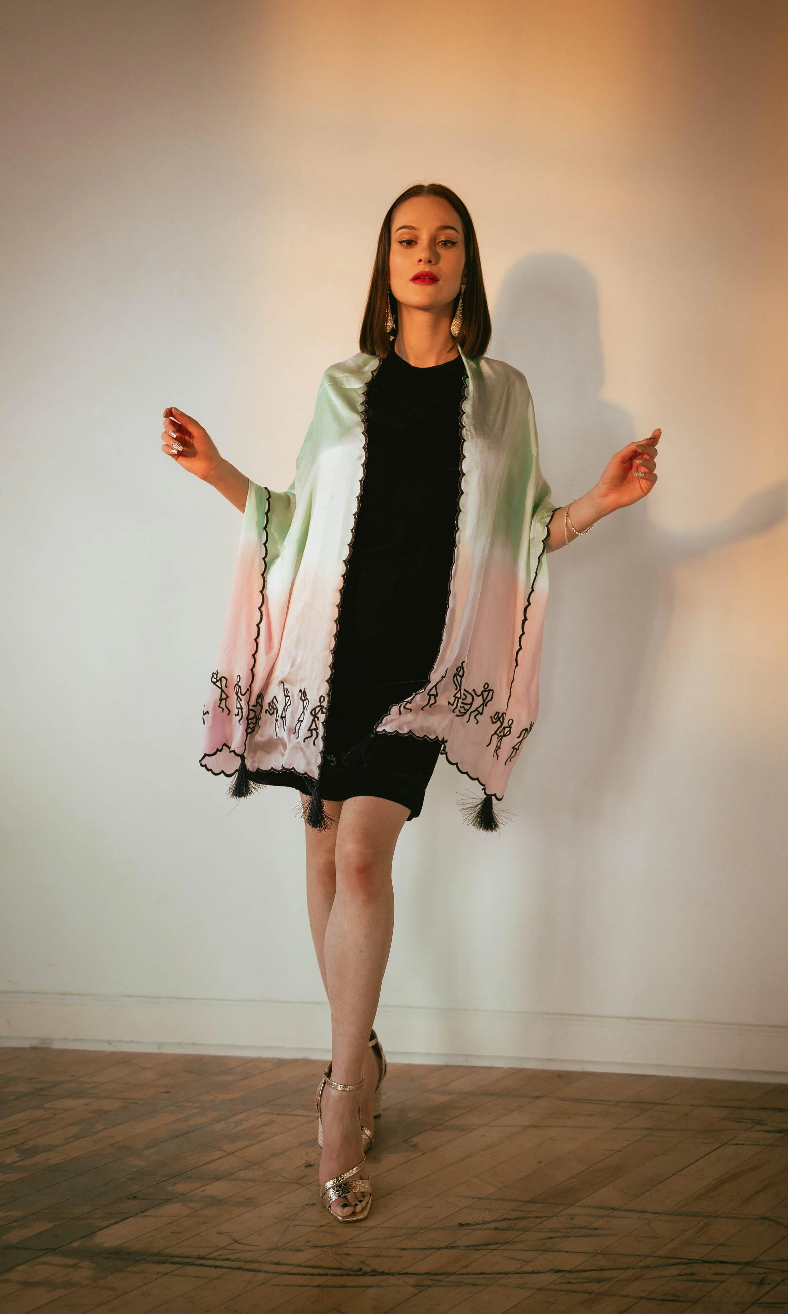 Sky Blue and Pink Varli Embroidered Shaded Scarf - Image 3