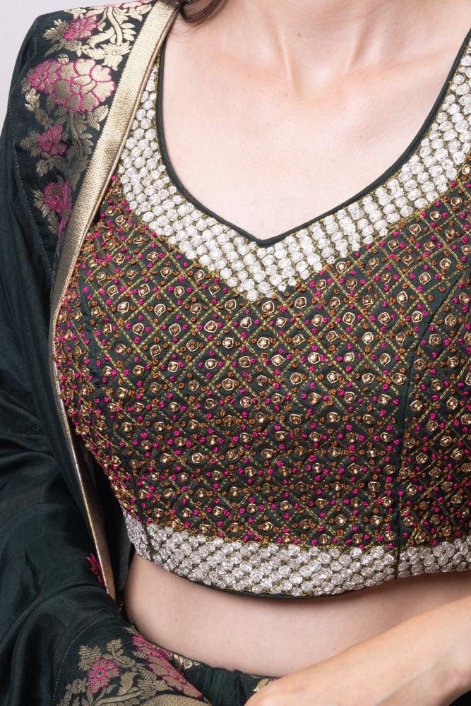 Green Banarasi Lehenga Choli with heavy hand embroidered blouse - Image 3