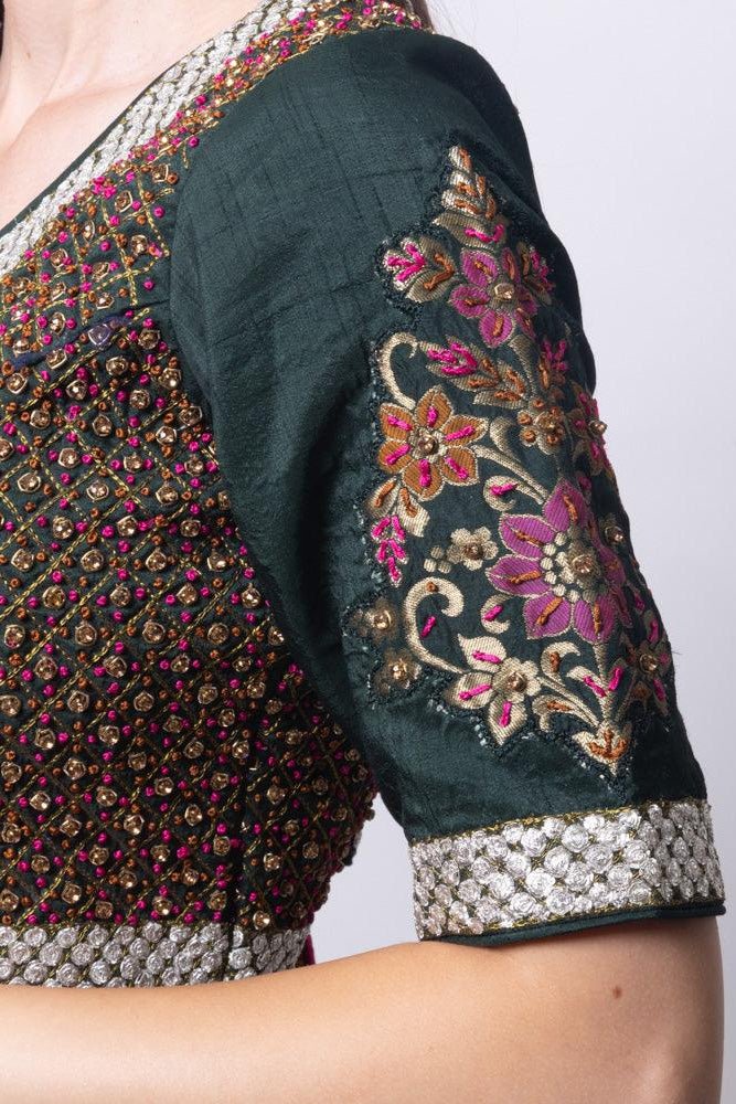 Green Banarasi Lehenga Choli with heavy hand embroidered blouse - Image 4