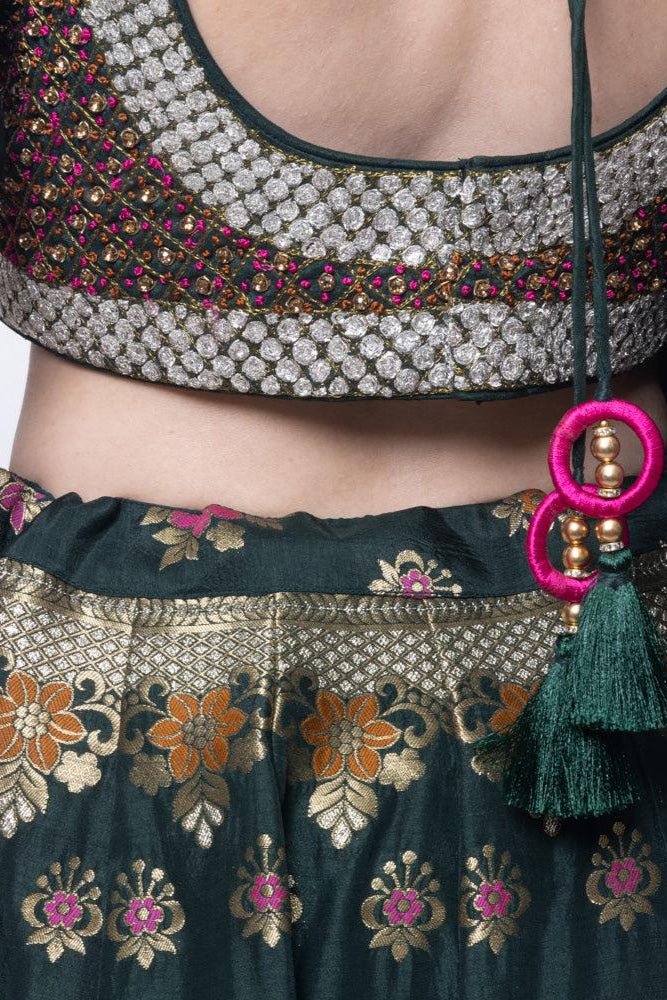 Green Banarasi Lehenga Choli with heavy hand embroidered blouse - Image 5