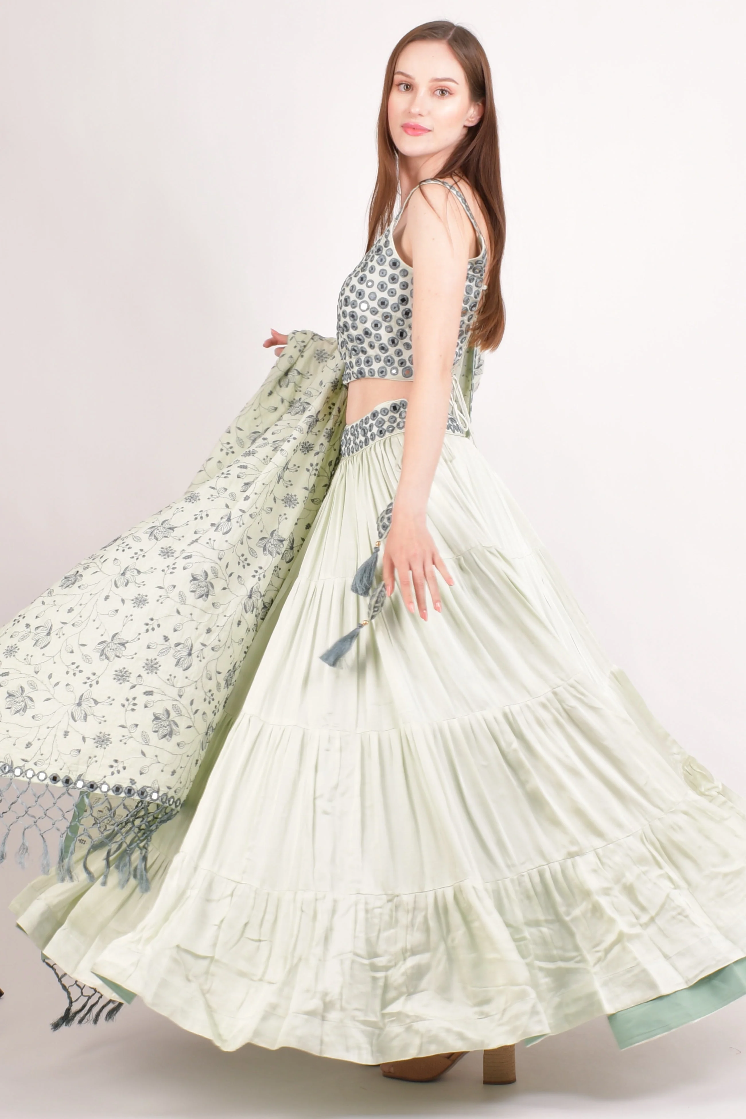 Silk Sage Green Mirror Work Tiered Lehenga Choli - Image 4