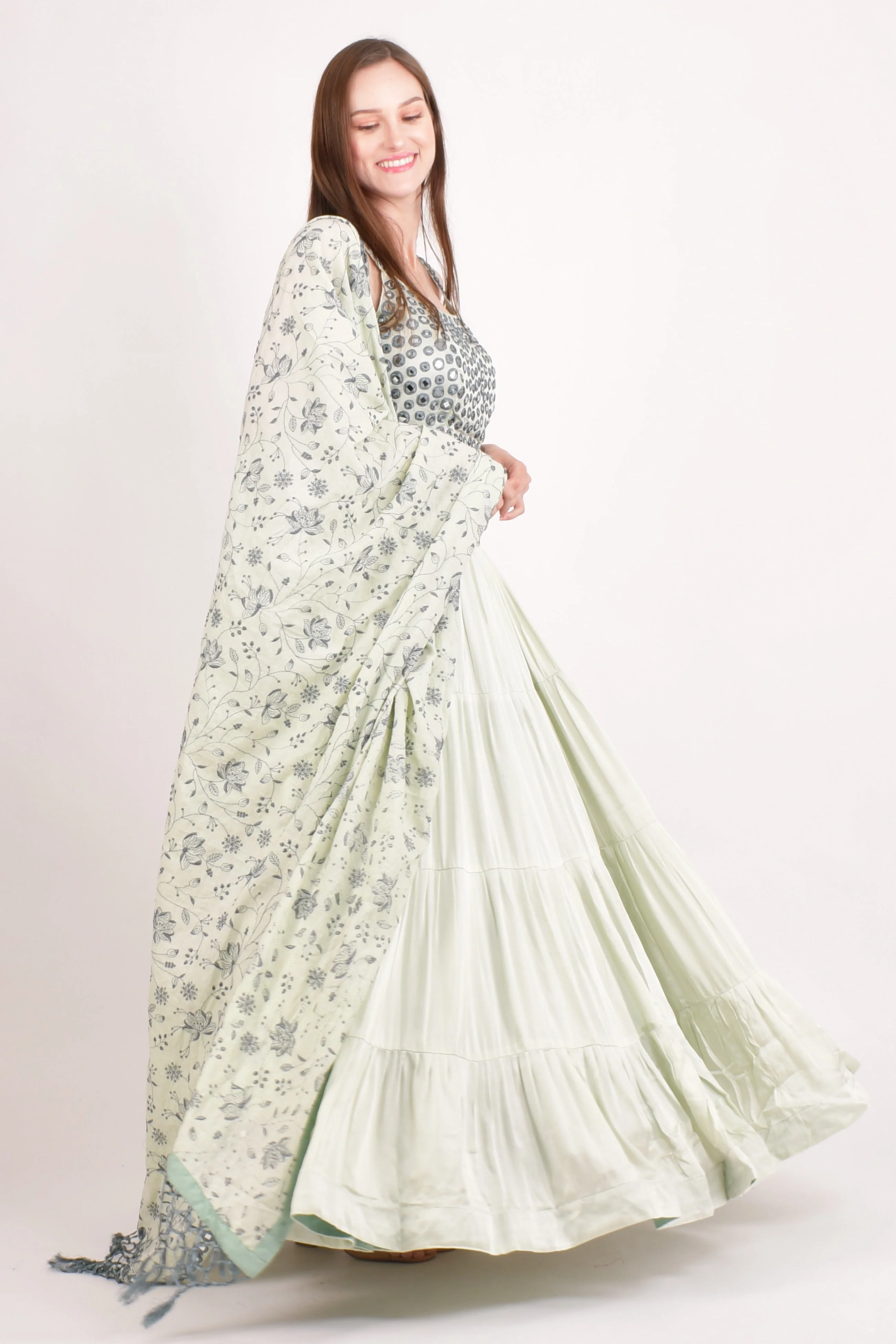 Silk Sage Green Mirror Work Tiered Lehenga Choli - Image 5