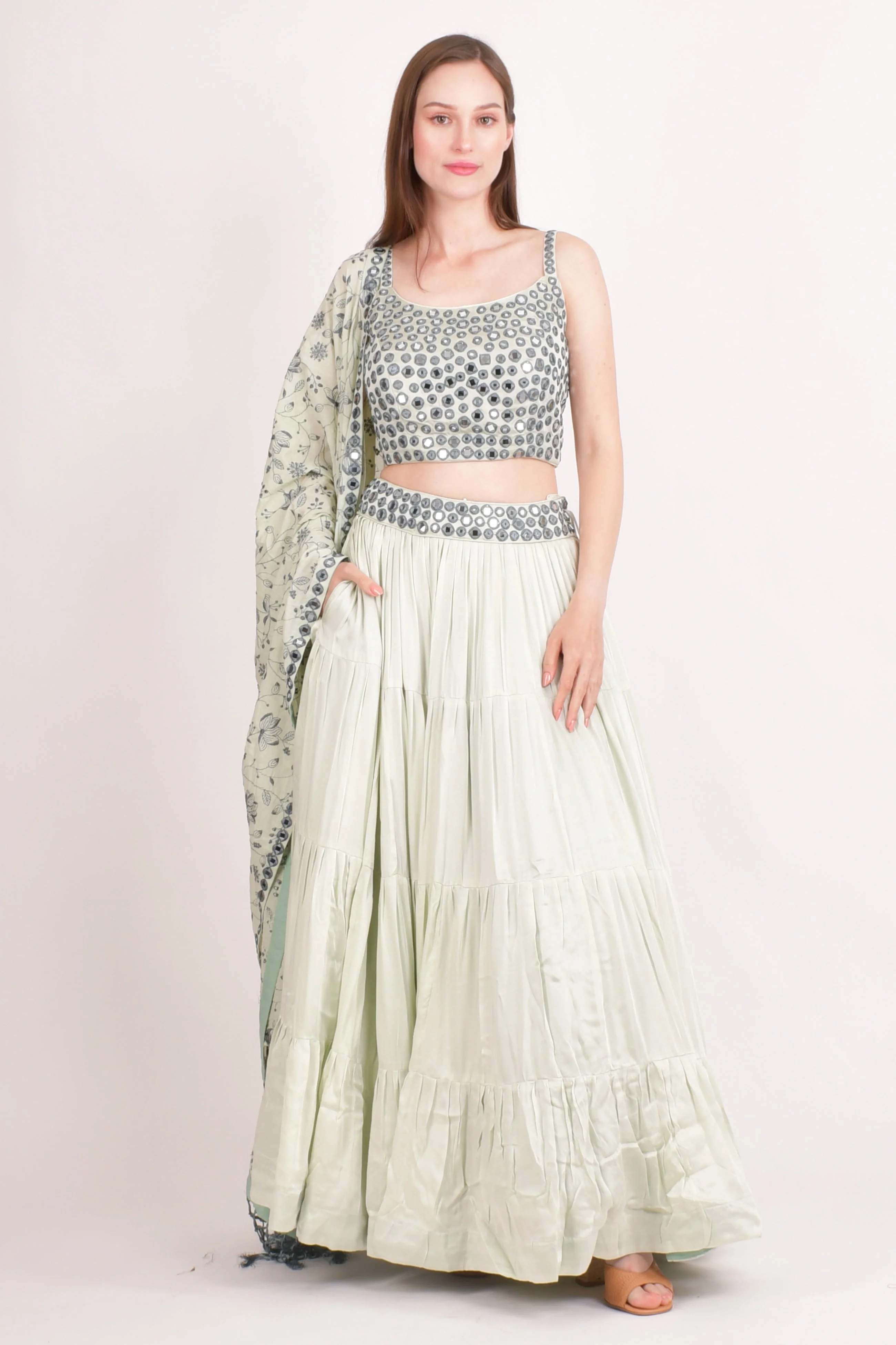 Silk Sage Green Mirror Work Tiered Lehenga Choli - Image 6