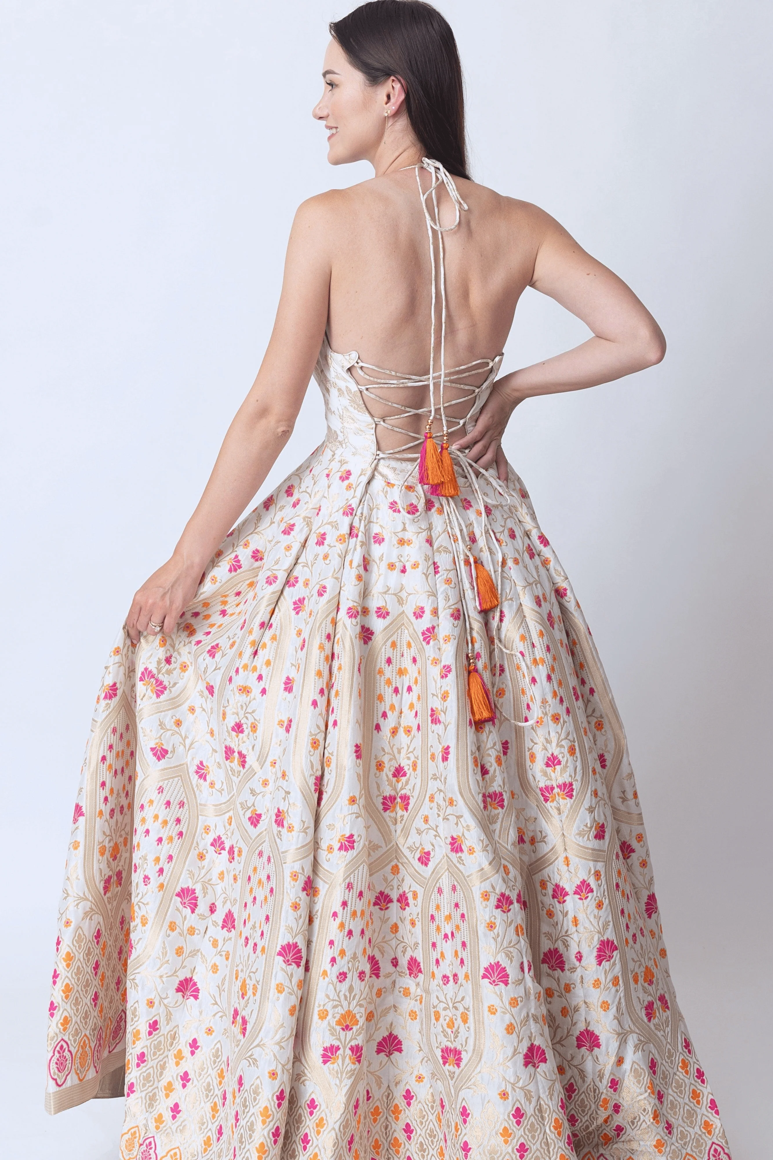 Silk Jacquard Gown Dress– Matte Gold Beige - Image 3