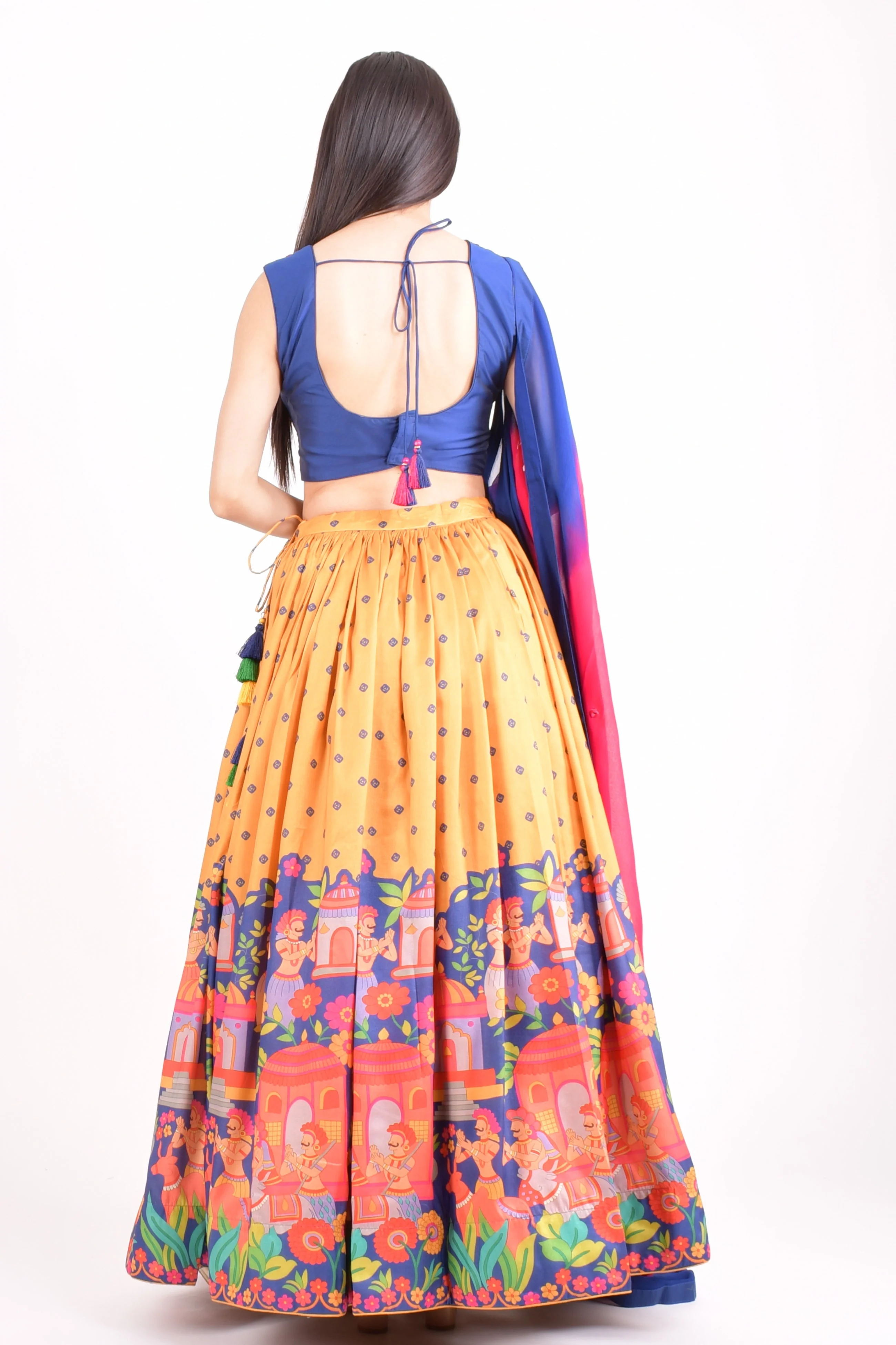 Blue and Yellow Soft Silk Lehenga Choli Set with Shaded Dupatta - Image 2