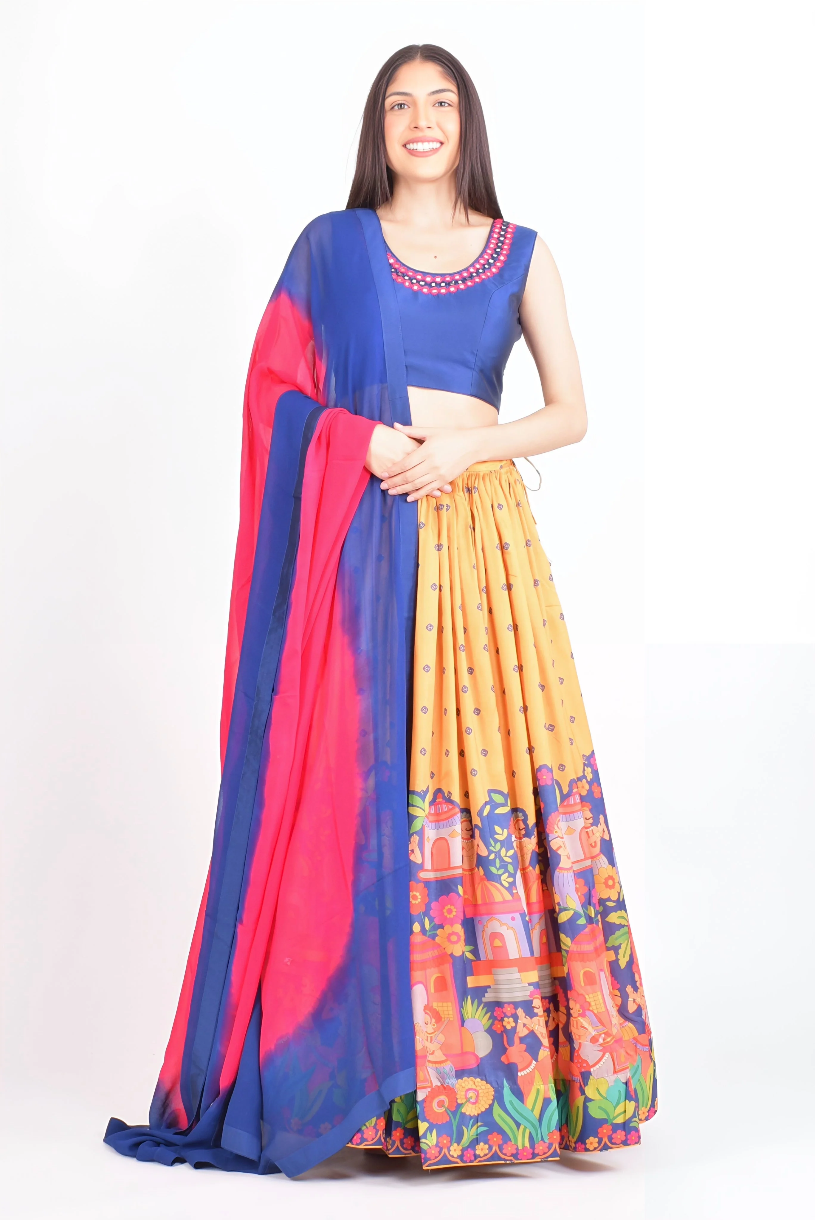 Blue and Yellow Soft Silk Lehenga Choli Set with Shaded Dupatta - Image 4